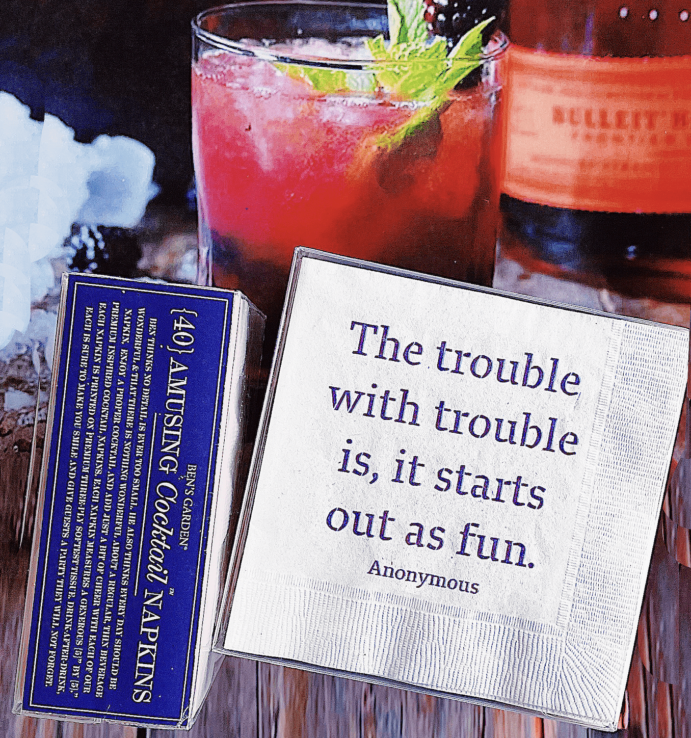 Funny Cocktail Napkins - The Trouble With Trouble Design - Perfect for Parties, Bars & Home Entertaining