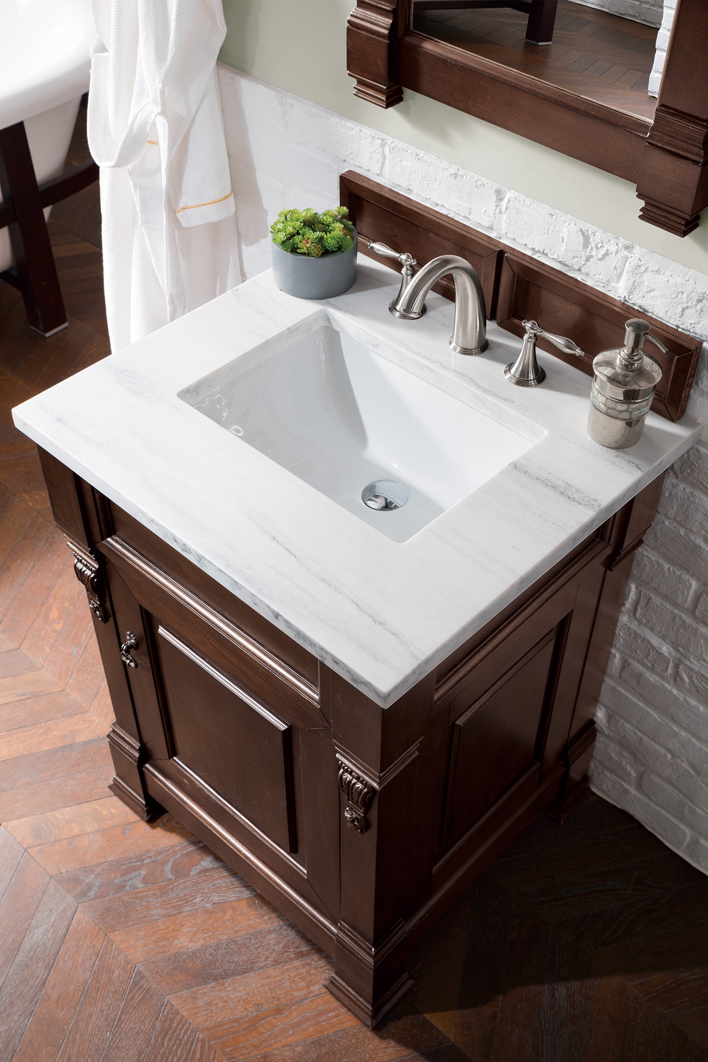 Brookfield 26 Inch Single Bathroom Vanity with Burnished Mahogany Finish & 3CM Arctic Fall Solid Surface Top - Perfect for Small Bathrooms, Powder Rooms & Guest Baths