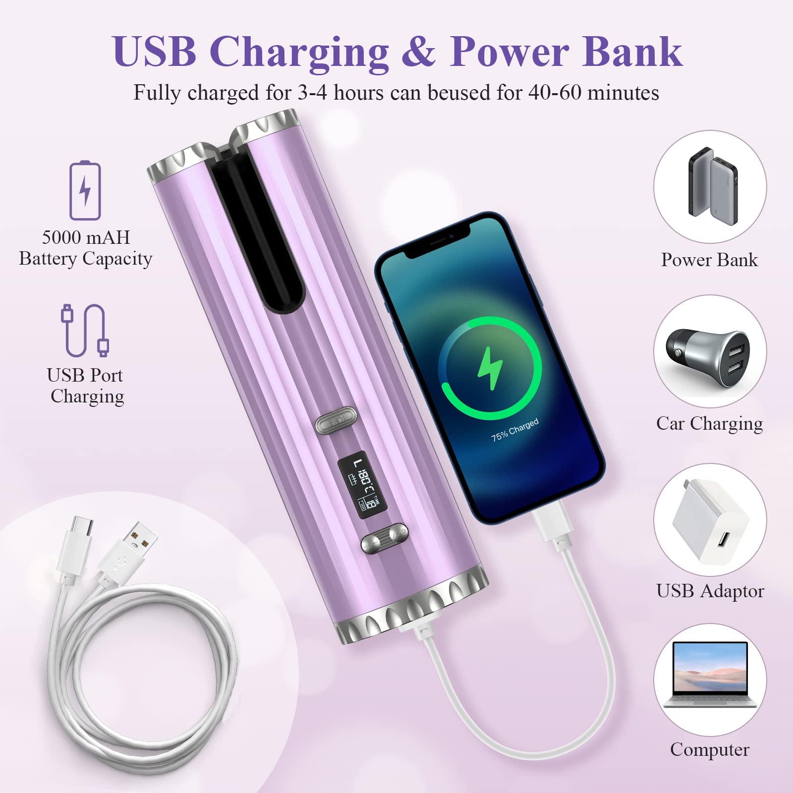 Cordless Curling Iron - Automatic Hair Curler with LCD Temperature Display & Timer, 6 Adjustable Heat Settings, Fast Heating Ceramic Barrel, USB Rechargeable for Wavy Curls | Perfect for Travel, Home Use & Salon Styling
