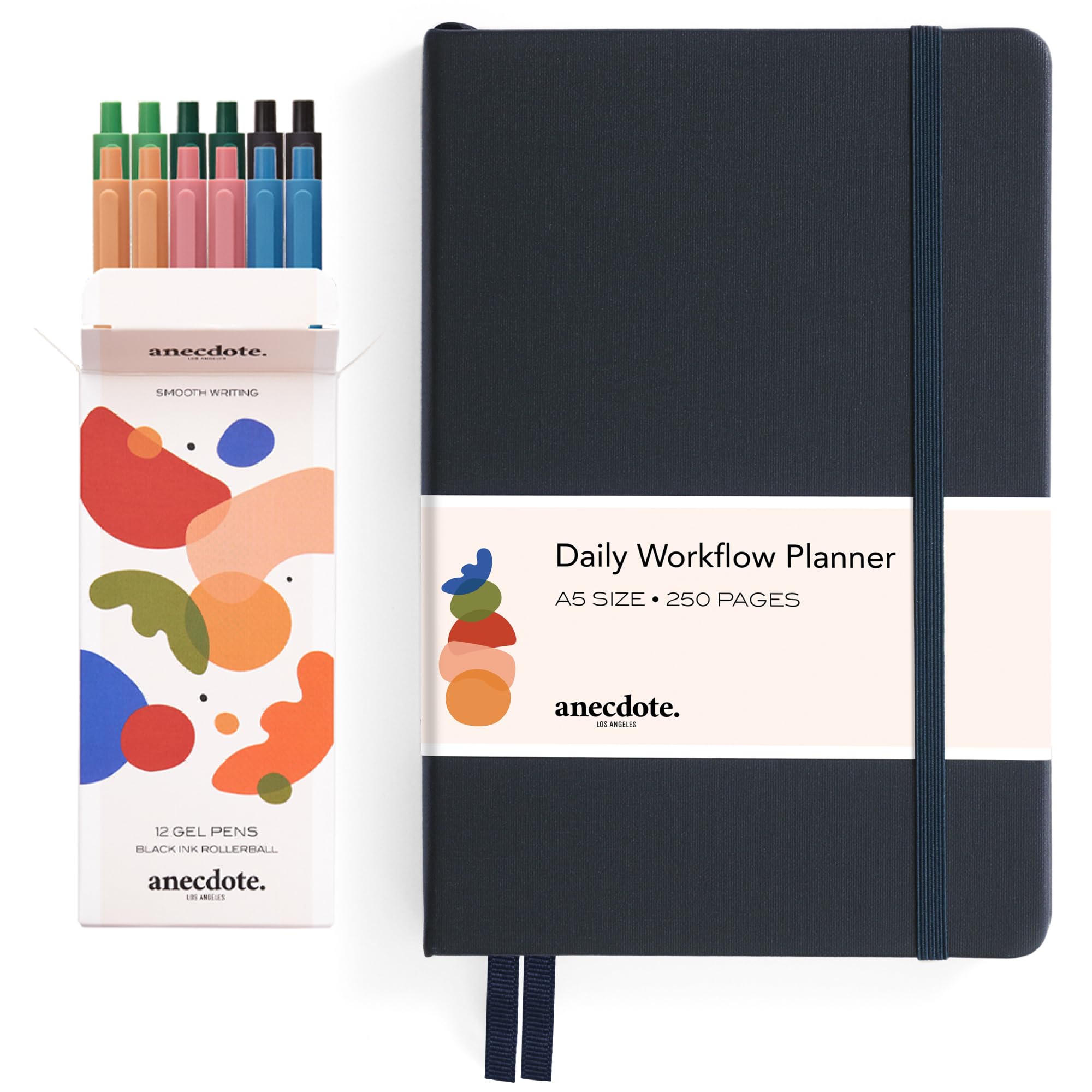 ANECDOTE 2025 Daily Planner with 12 Black Ink Retractable Gel Pens (0.5mm Fine Point) - Smooth Writing for Office, School & Journaling - Perfect Gift Set for Students & Professionals