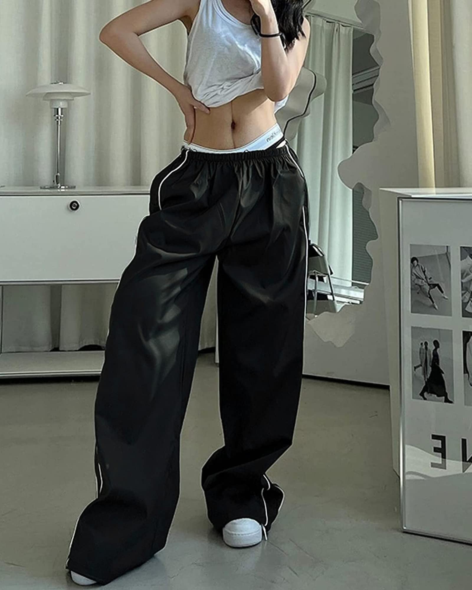 Women's Y2K Baggy Track Pants - Elastic Waist Wide Leg Parachute Jogger Sweatpants for Casual Wear, Street Style & Lounge Outfits