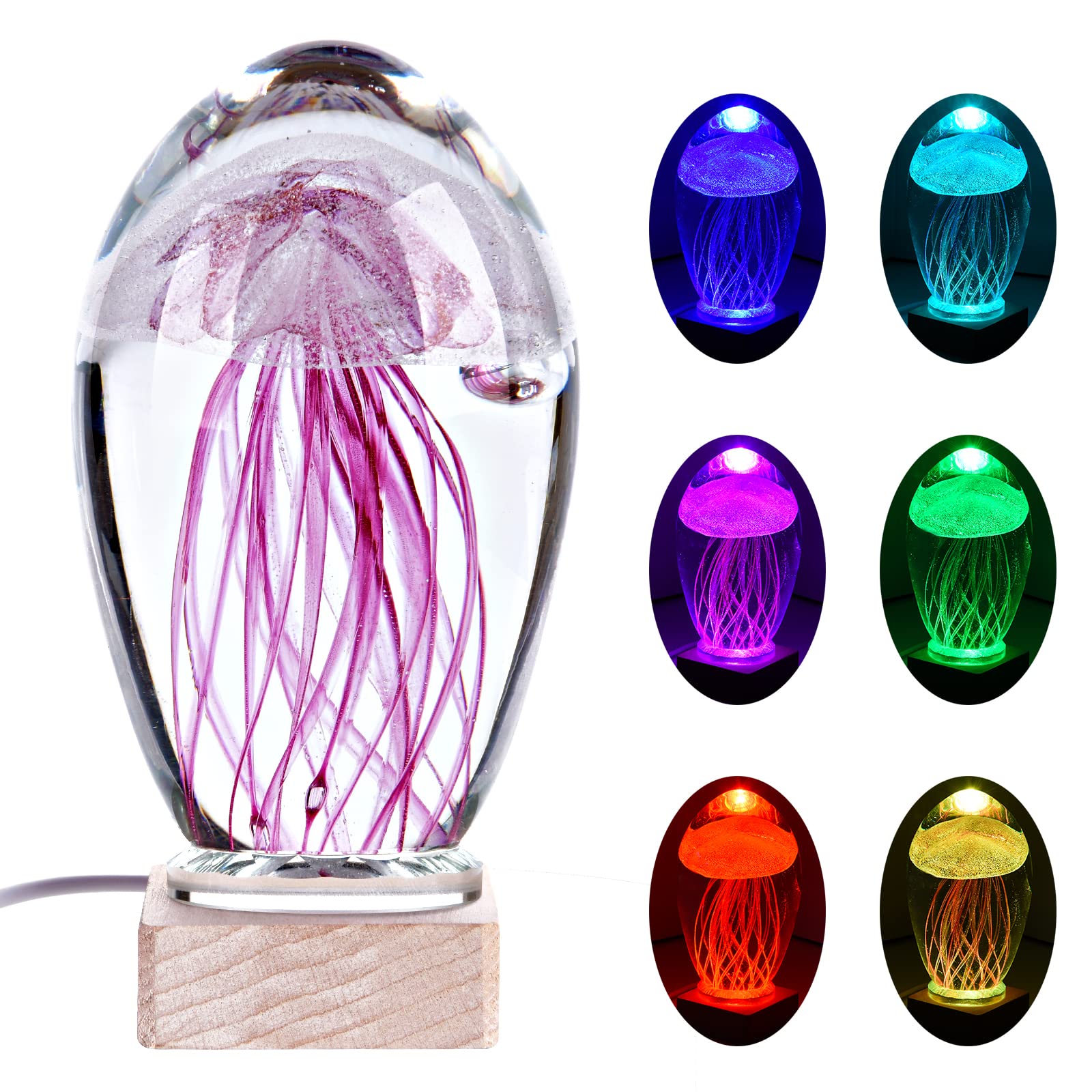 7-Color Changing Jellyfish Night Light - USB Powered LED Nursery Lamp with Wood Base for Kids Room, Bedroom & Living Room Decor | Perfect for Nighttime Comfort, Baby Sleep Aid and Soothing Ambiance (Pink)