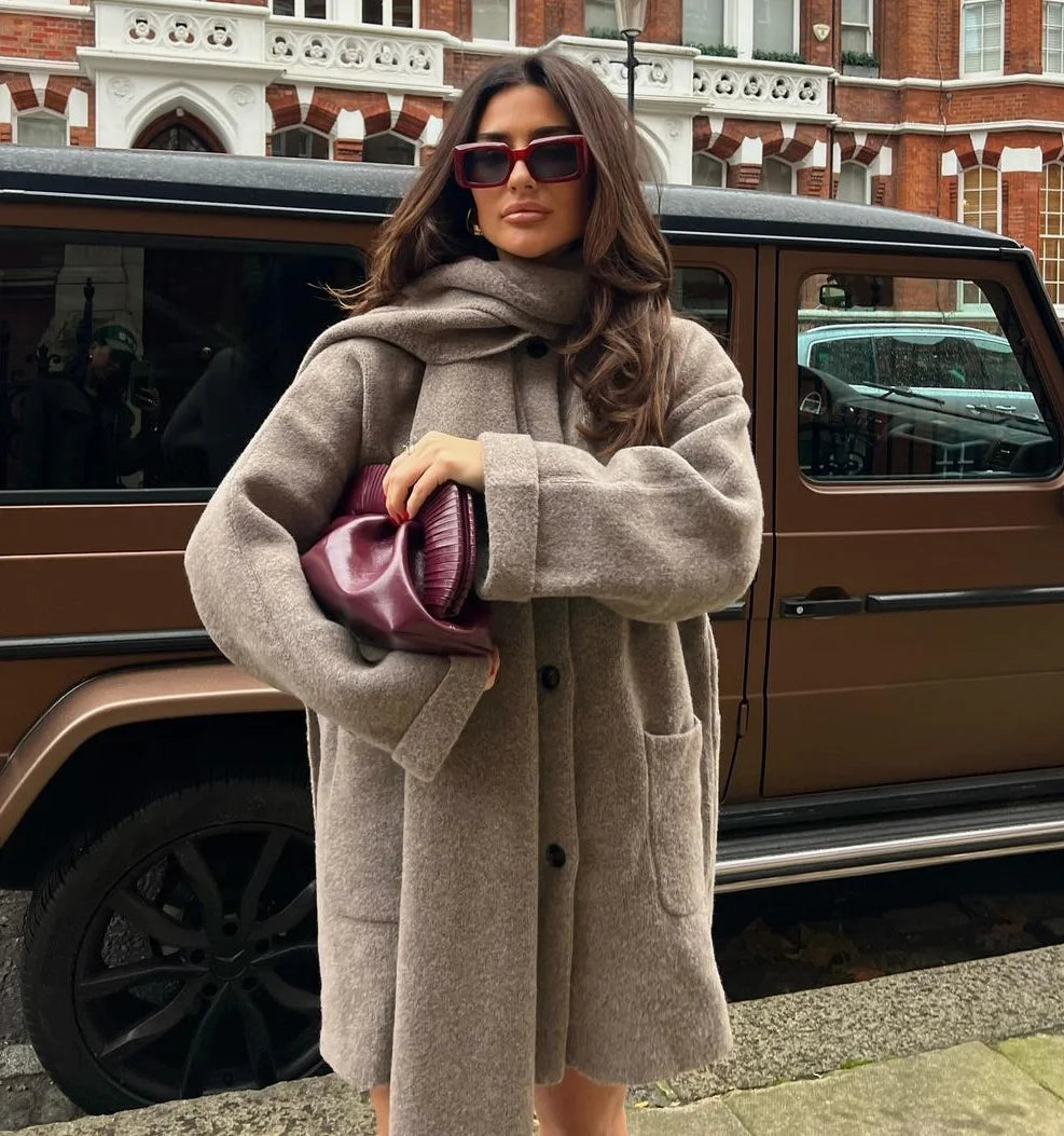 Elegant Women's Wool Coat with Scarf - Warm Winter Long Sleeve Loose Overcoat for Casual Streetwear & Office Outfits | Perfect for Fall, Winter & Holiday Season