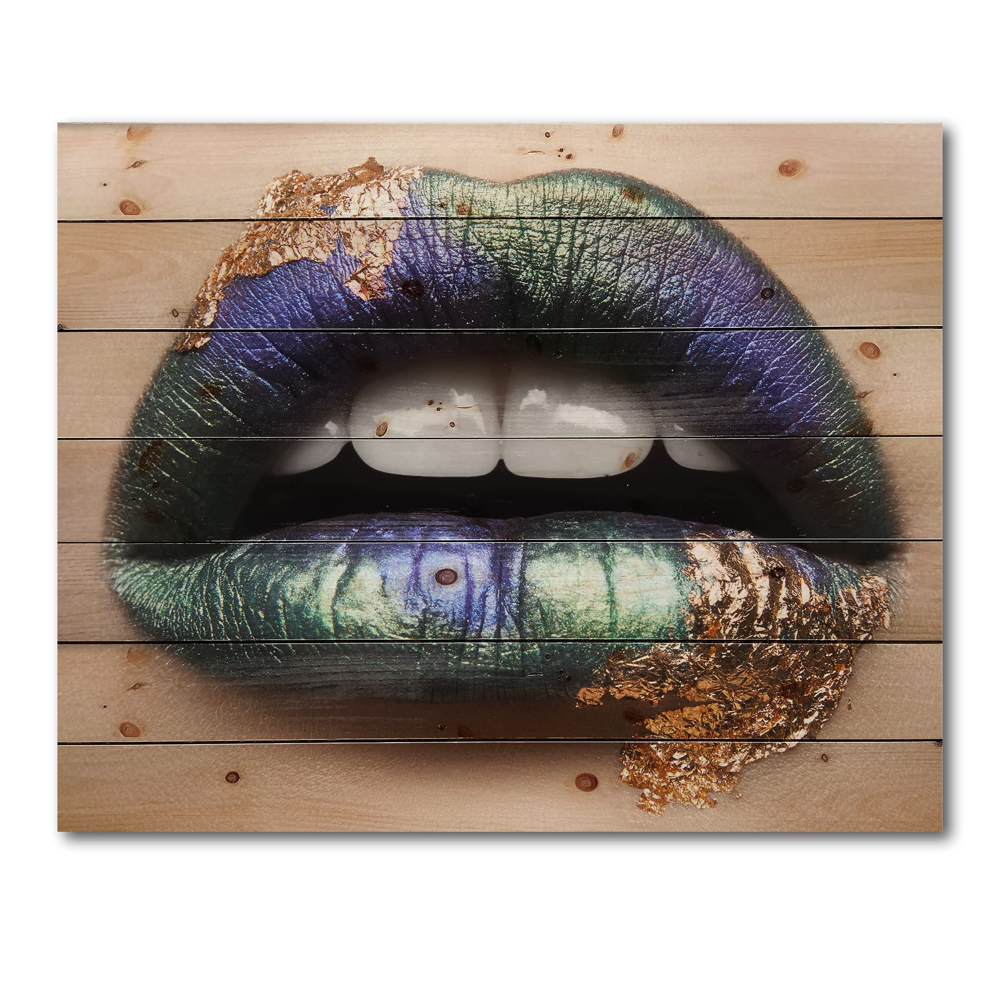 DesignQ Modern Green Lipstick & Teeth Wood Wall Art - Contemporary Female Lips Wall Decor, Large Pine Wood Panel Print - Perfect for Living Room, Bedroom & Office Decor