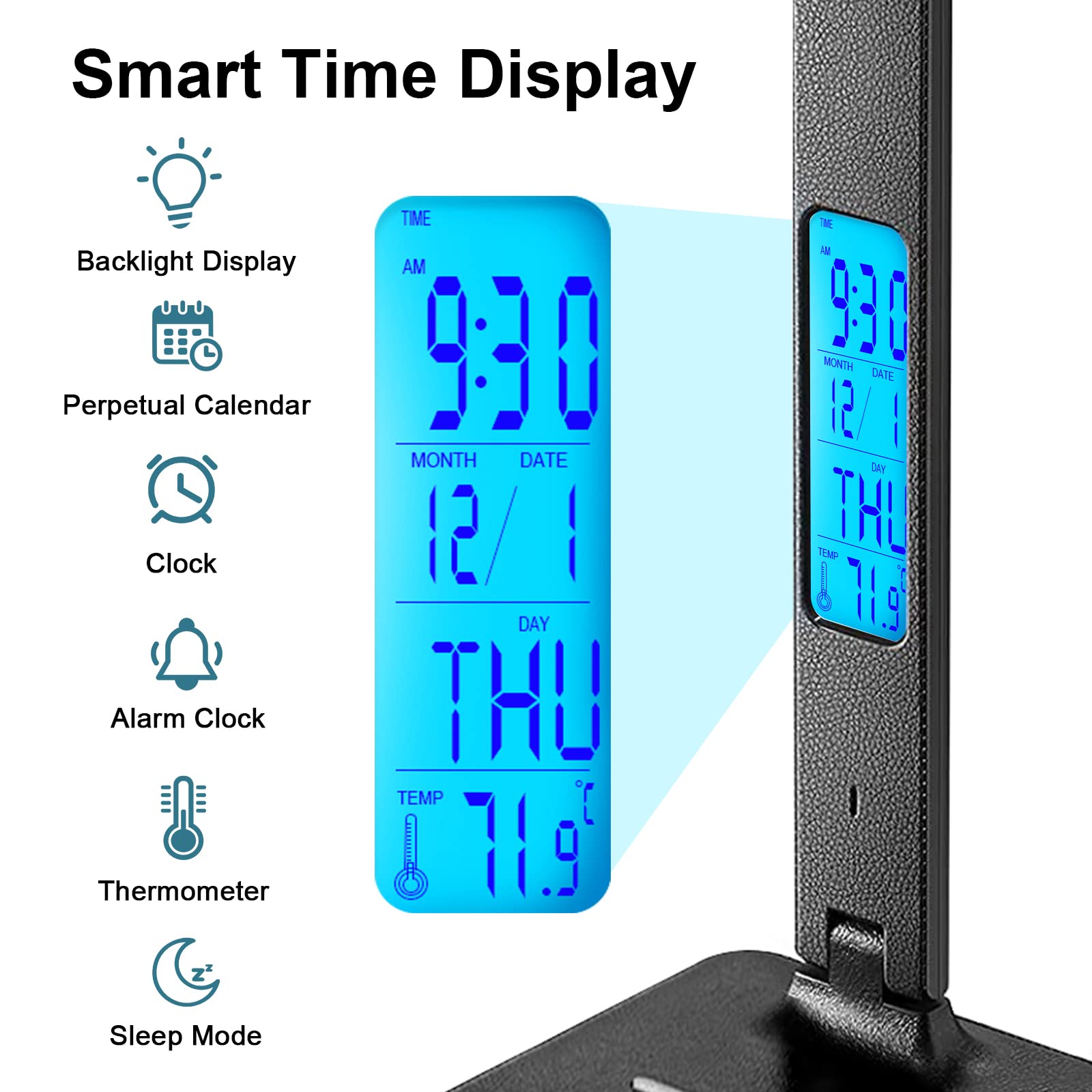 LAOPOO LED Desk Lamp with Wireless Charger & USB Port - Adjustable Brightness, Built-in Digital Clock - Perfect for Home Office, Study Room, College Dorm (Reading, Working, Night Light)