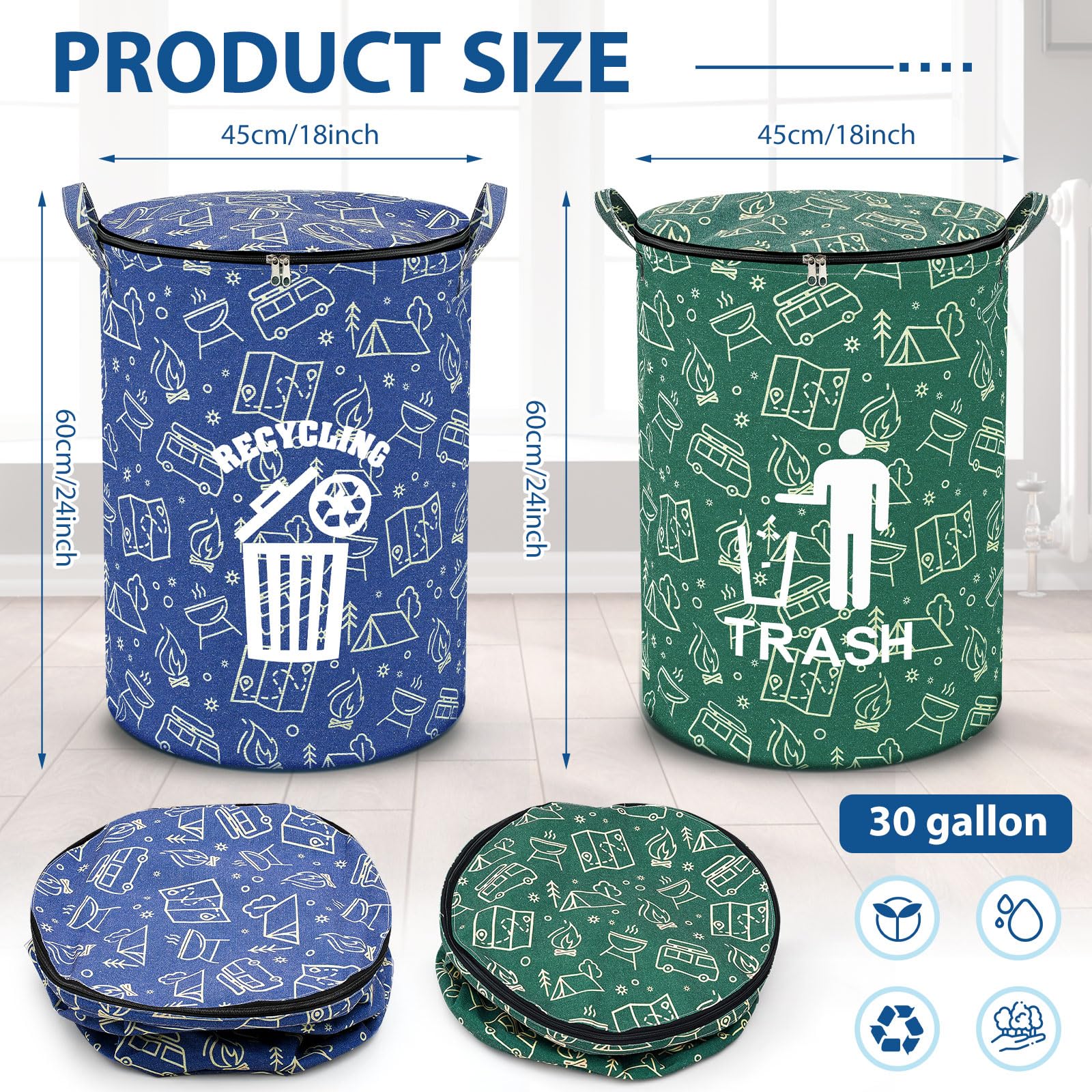 2 Pack Collapsible Trash Can with Zippered Lid - Foldable Storage Bin for Camping, RV, Yard Waste & Recycling - Portable Garbage Can for Outdoor, Picnics, Beach & Travel