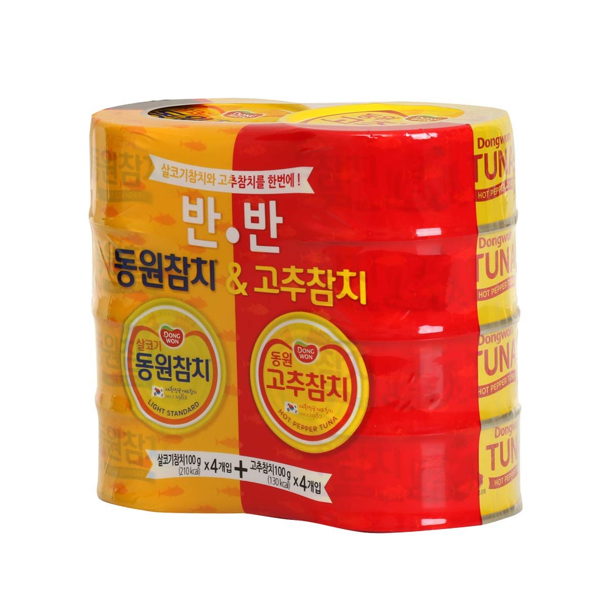 8 Packs Dongwon Light Tuna 100g x 4 & Hot Red Pepper Tuna 100g x 4 - Korean Canned Tuna for Salads, Sandwiches, and Quick Meals