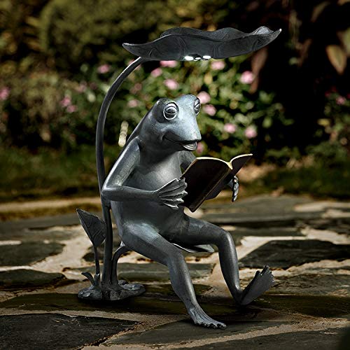 Solar LED Lighted Reading Frog Bird Feeder - Outdoor Garden Decoration for Attracting Birds & Wildlife - Perfect for Backyard, Patio, and Balcony Use