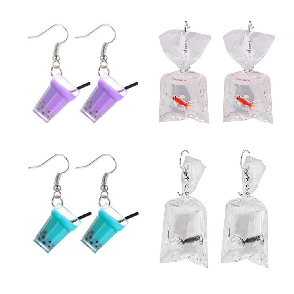 4 Pairs Fun Goldfish & Water Bottle Charm Dangle Earrings - Acrylic Drink Bottle Drop Earrings Set for Women & Girls | Unique Bubble Boba Tea Jewelry Gift for Parties, Cosplay & Daily Wear