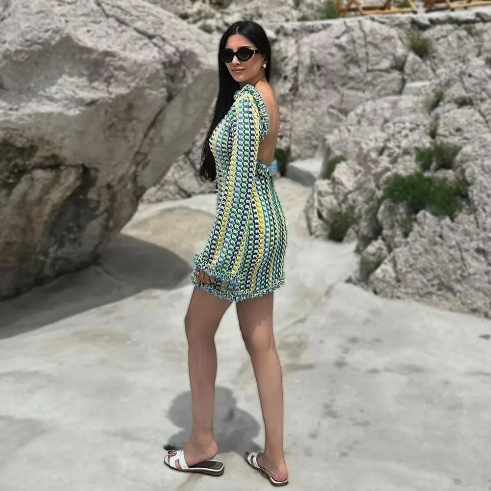 Women's Backless Knitted Beach Dress - Hollow Out Mini Boho Cover Up Dress with Long Sleeves for Summer | Elegant & Colorful Bikini Cover Up | Perfect for Beach Vacations, Pool Parties & Tropical Getaways 2024