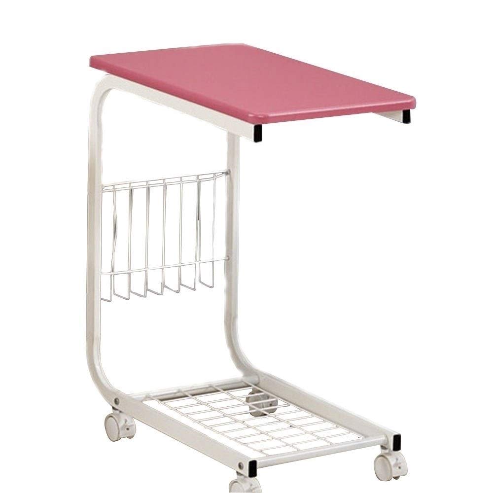 Lightweight Portable Sofa Side Table with Storage - Mobile Bedside Table, Multi-Purpose Snack Table with Storage Basket for Living Room & Bedroom (Pale Pink) - Perfect for Small Spaces, TV Snacking, and Bedside Organization