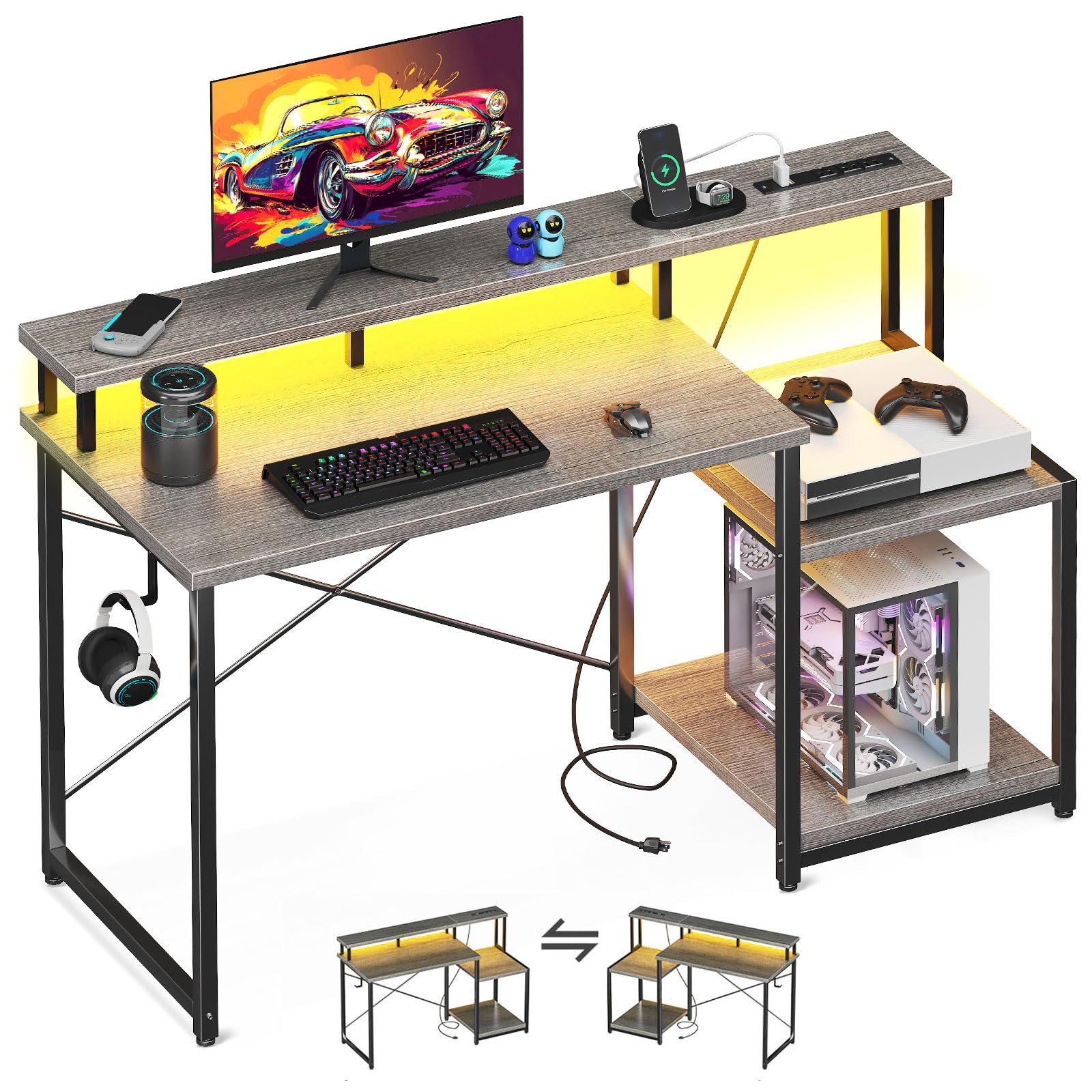 AODK 48 Inch Gaming Computer Desk with LED Lights & Power Outlet - Office Desk with Monitor Shelf, Headphone Hook & Printer Storage - Reversible Grey Oak Workstation for Home Office & Gaming Setup