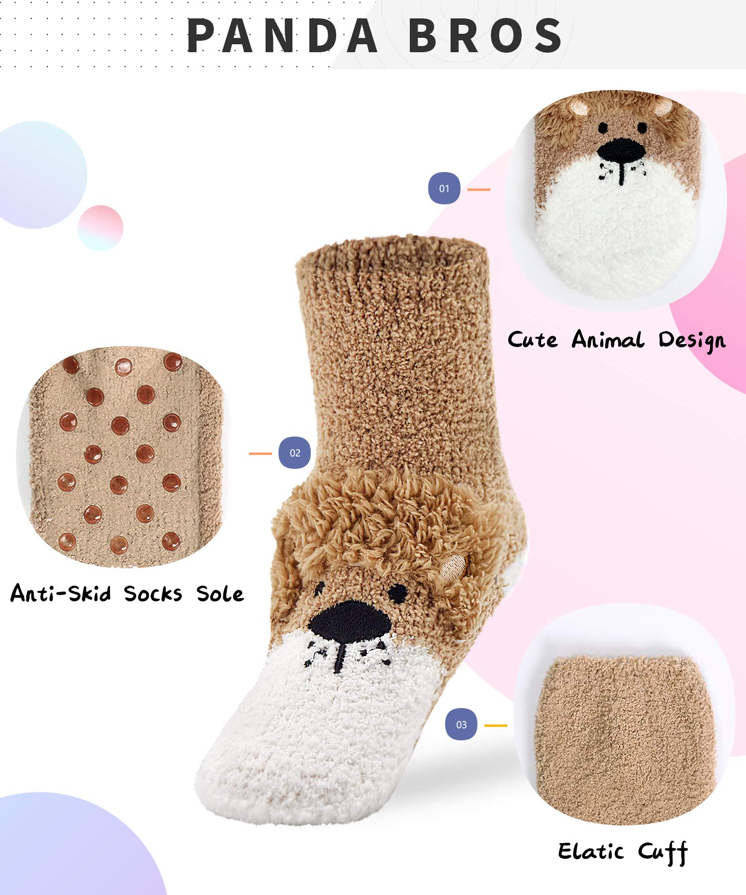 Panda Bros Girls Warm Fuzzy Fluffy Non-Slip Slipper Socks for Kids - 3 Pairs Pack | Cozy Winter Indoor & Outdoor Wear for School, Home & Sleepovers