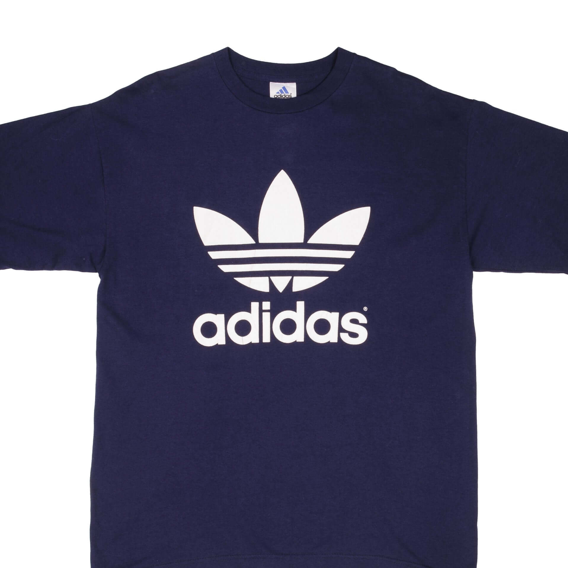 Vintage Adidas Spellout 1990s Navy Blue T-Shirt - Size Large - Made in USA - Retro Streetwear for Men & Women - Perfect for Casual Wear, Gym, and 90s Fashion Lovers