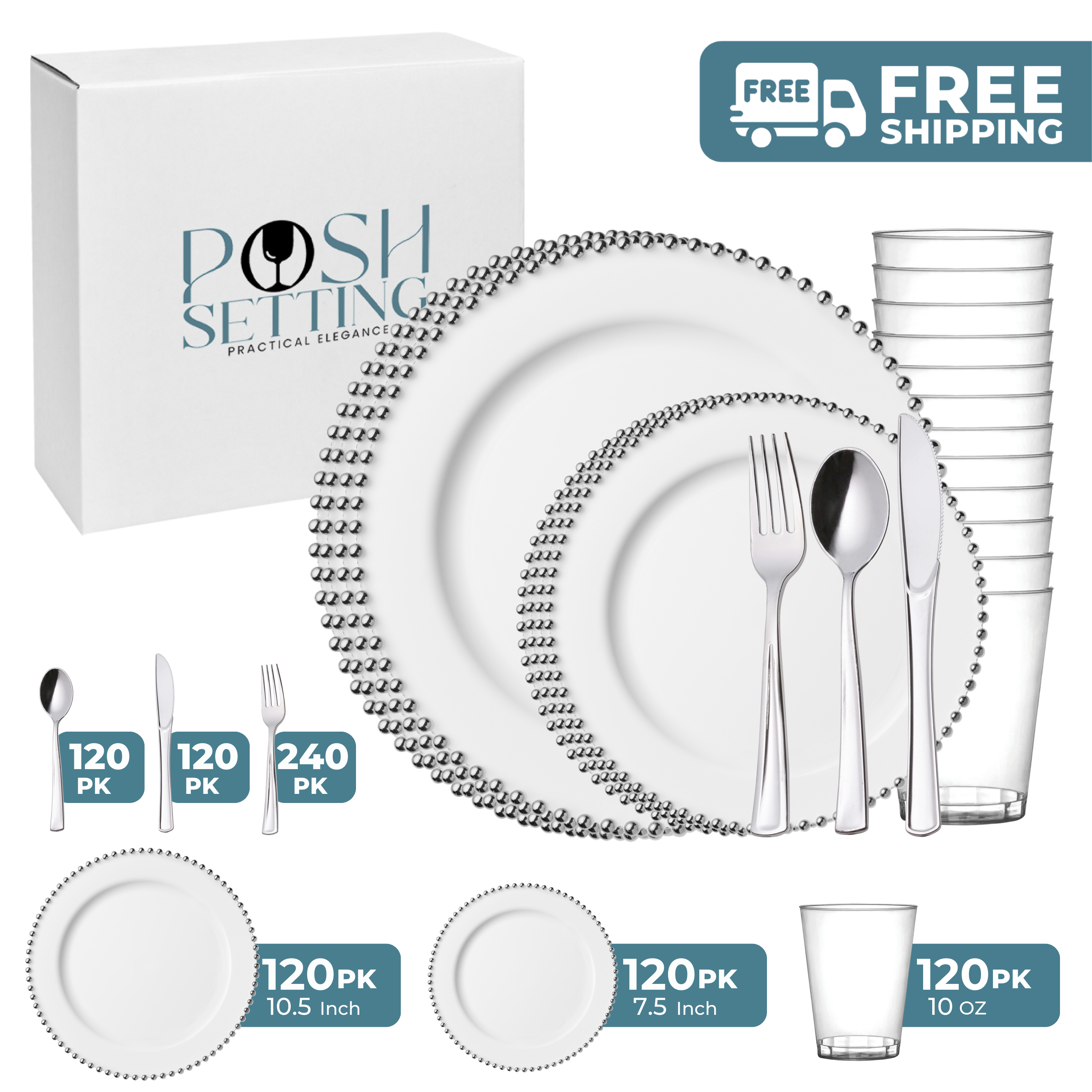 White and Silver Plastic Party Bundle with Beaded Decorations - Perfect for Birthday, Wedding, and Holiday Celebrations