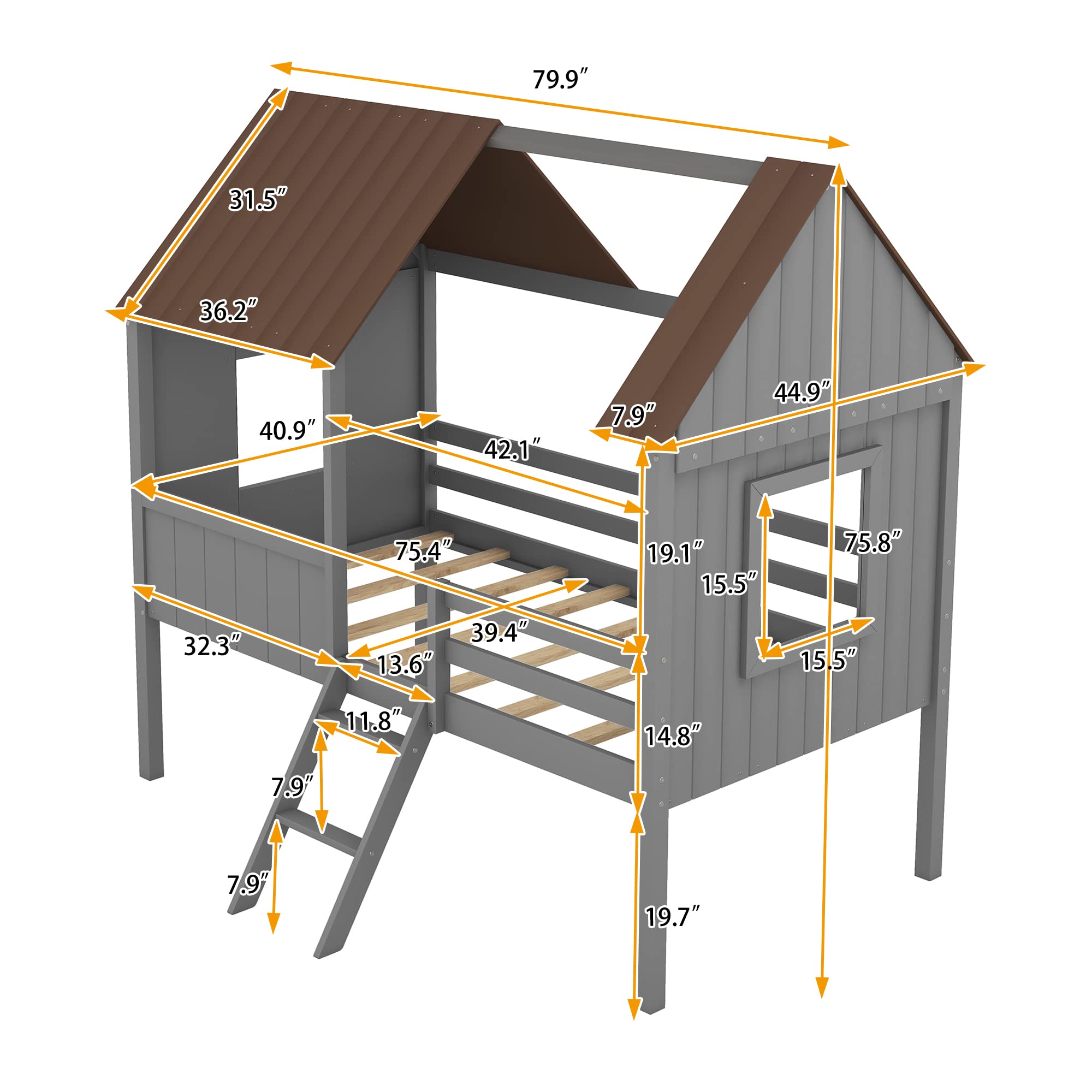 Twin Size Low Loft Bed for Kids - Wooden House Bed Frame with Side Windows, Roof & Safety Rails - Antique Gray - Perfect for Small Rooms & Play Areas