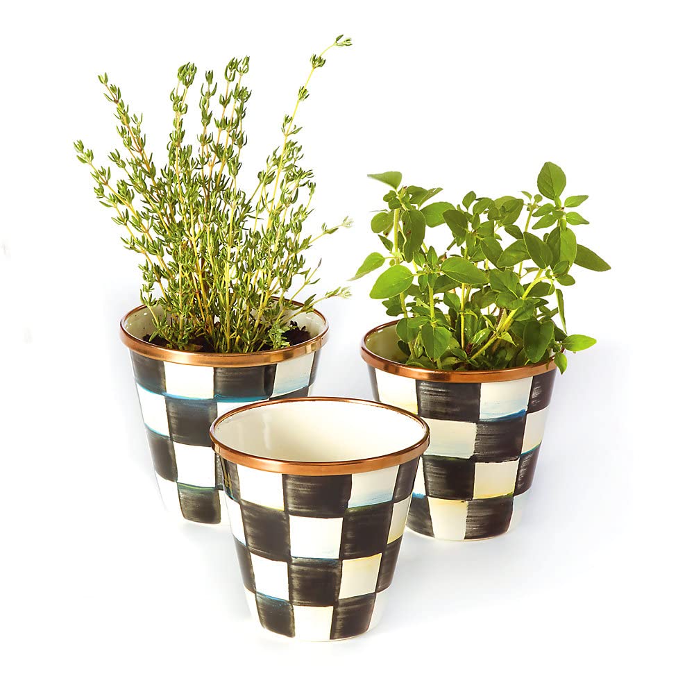 MacKenzie-Childs Courtly Check Ceramic Herb Planters - Set of 3 Indoor Gardening Pots for Herbs, Kitchen, Windowsill & Balcony Decor