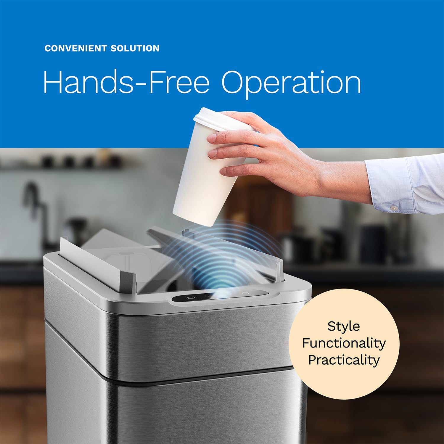 hOmeLabs 13 Gallon Automatic Sensor Trash Can - Retractable Butterfly Lid, Space-Saving Stainless Steel Kitchen Garbage Bin with Battery Operation (Batteries Included) - Perfect for Small Kitchens, Offices, and Bathrooms