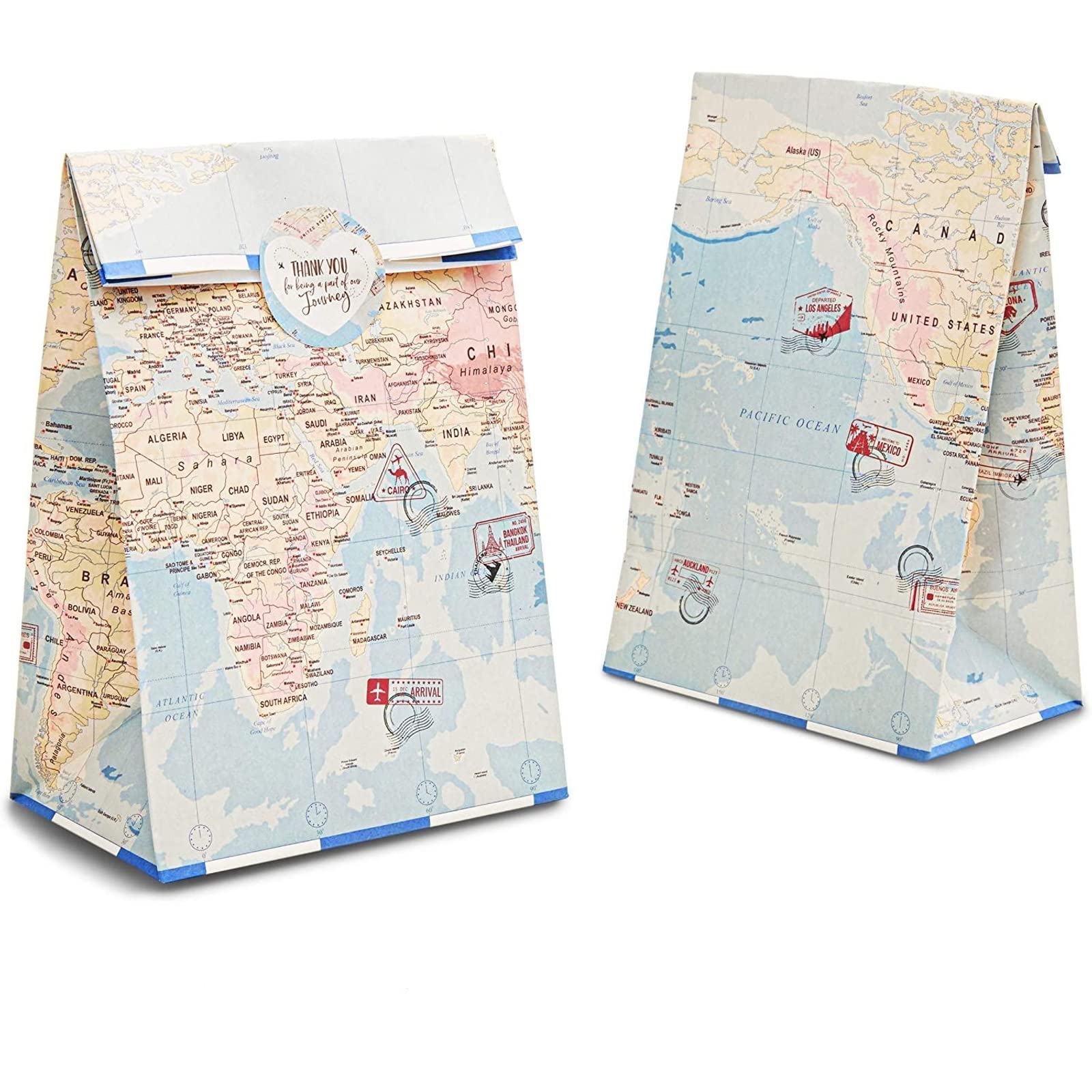 BLUE PANDA 36 Pack Travel Favor Bags with World Map Design & Stickers - Perfect for Travel Themed Parties, Baby Showers, Birthday Goodie Bags (8.7 x 5.15 Inches) - Great for Kids' Party Favors, Vacation Souvenirs & Travel-Inspired Events