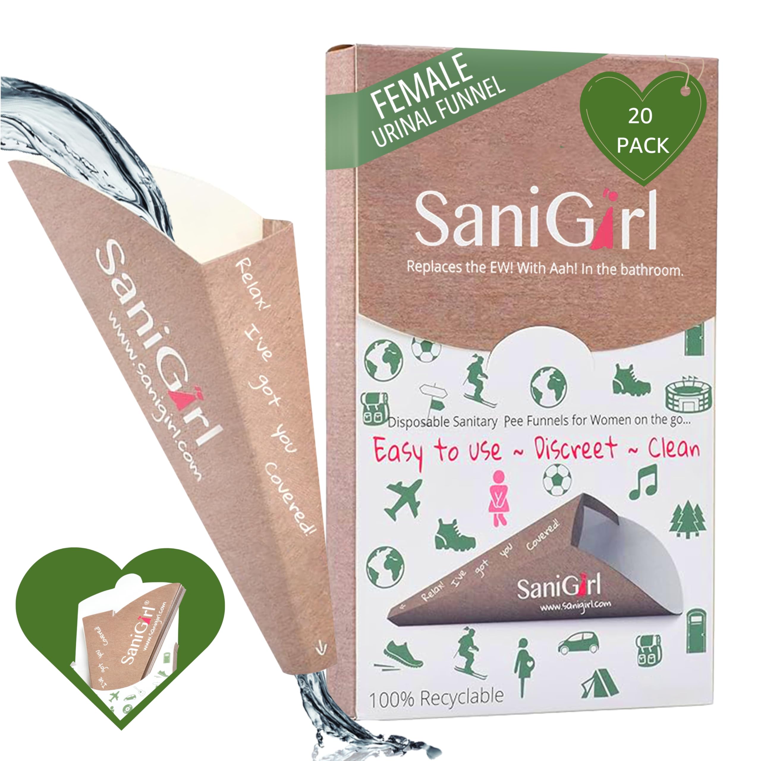SaniGirl Disposable Female Urination Device - 20 Pack Leak-Proof Pee Funnel for Women, Travel & Camping Essentials | Portable Female Urinal for Outdoor Activities, Hiking, Road Trips & Emergency Use