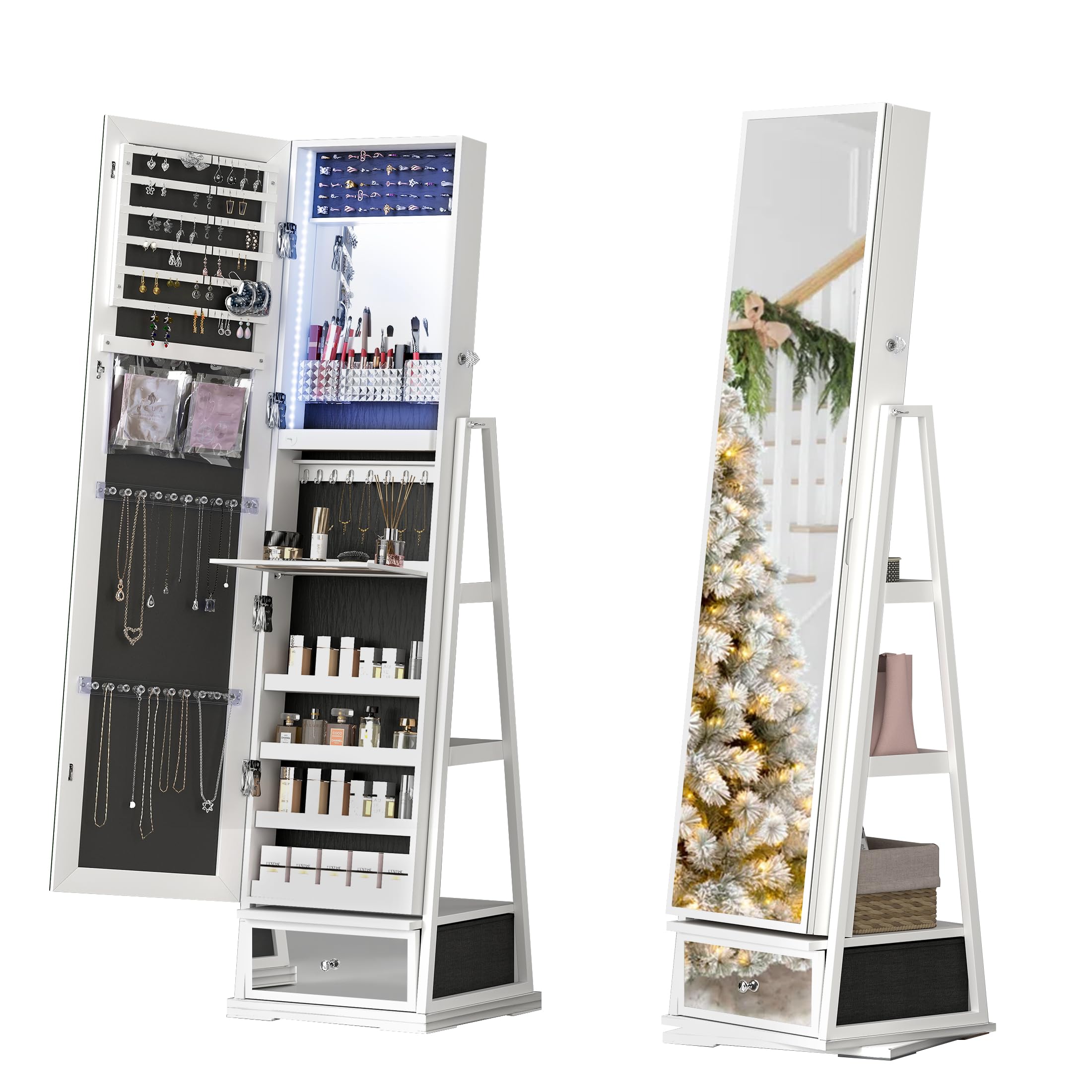 360° Swivel Jewelry Armoire with Full-Length LED Mirror - Lockable Standing Jewelry Cabinet with Rotating Shelves for Bedroom & Cloakroom Organization (White) | Perfect for Jewelry Storage, Vanity Dressing & Closet Organization