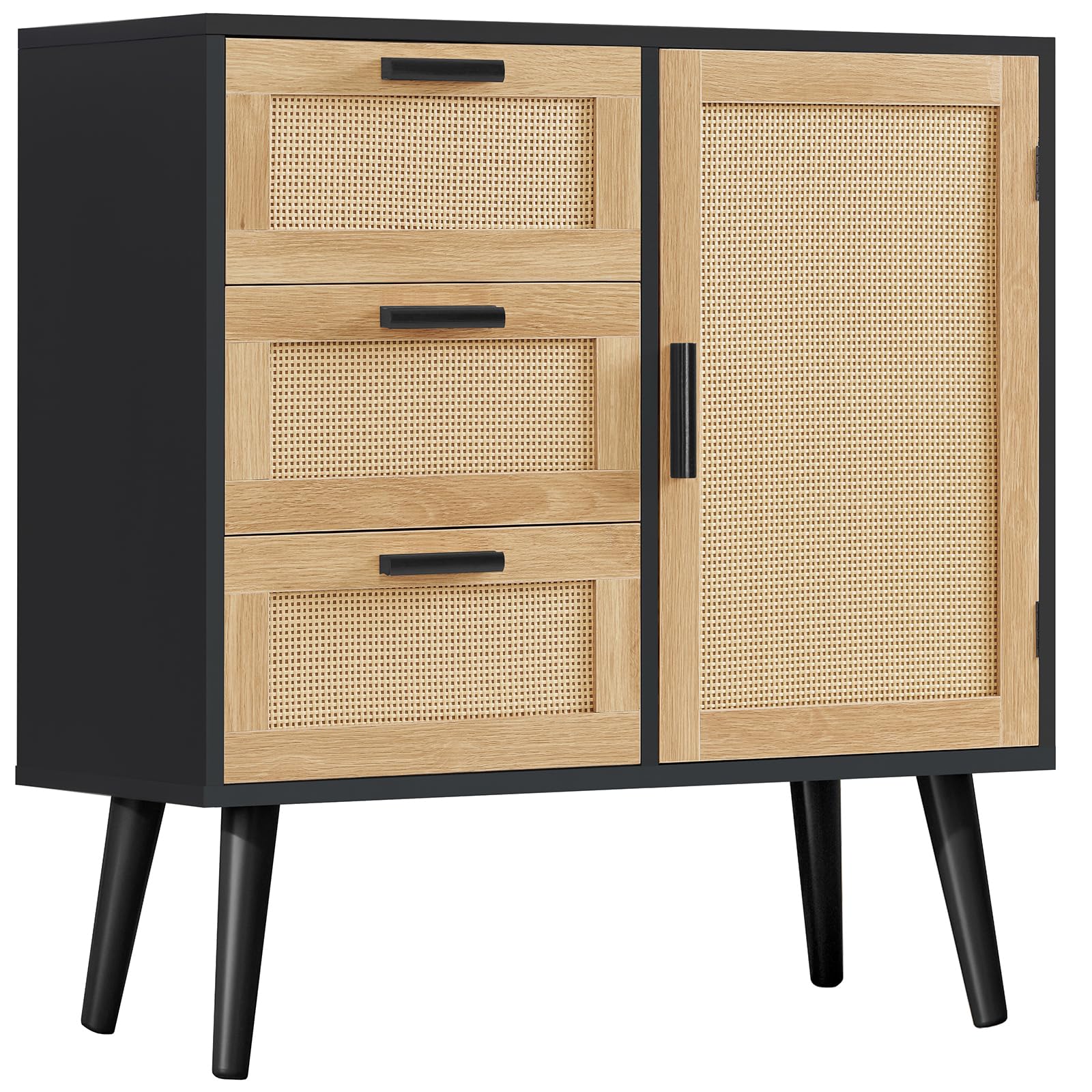 Iwell Rattan Storage Cabinet with 3 Drawers & Adjustable Shelf - Entryway, Living Room, Dining Room Accent Cabinet - Black & Natural for Home Organization & Stylish Decor