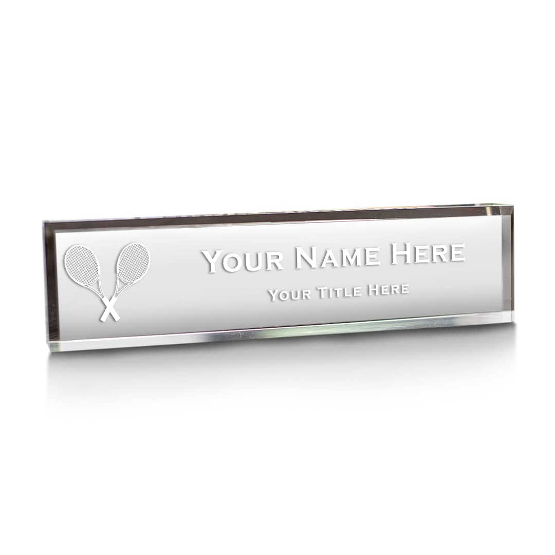 Personalized Tennis Acrylic Desk Sign with Racket Design - 2 x 10 Inch Custom Name Plate - Perfect for Office Decor, Sports Lover Gift & Tennis Coach Appreciation