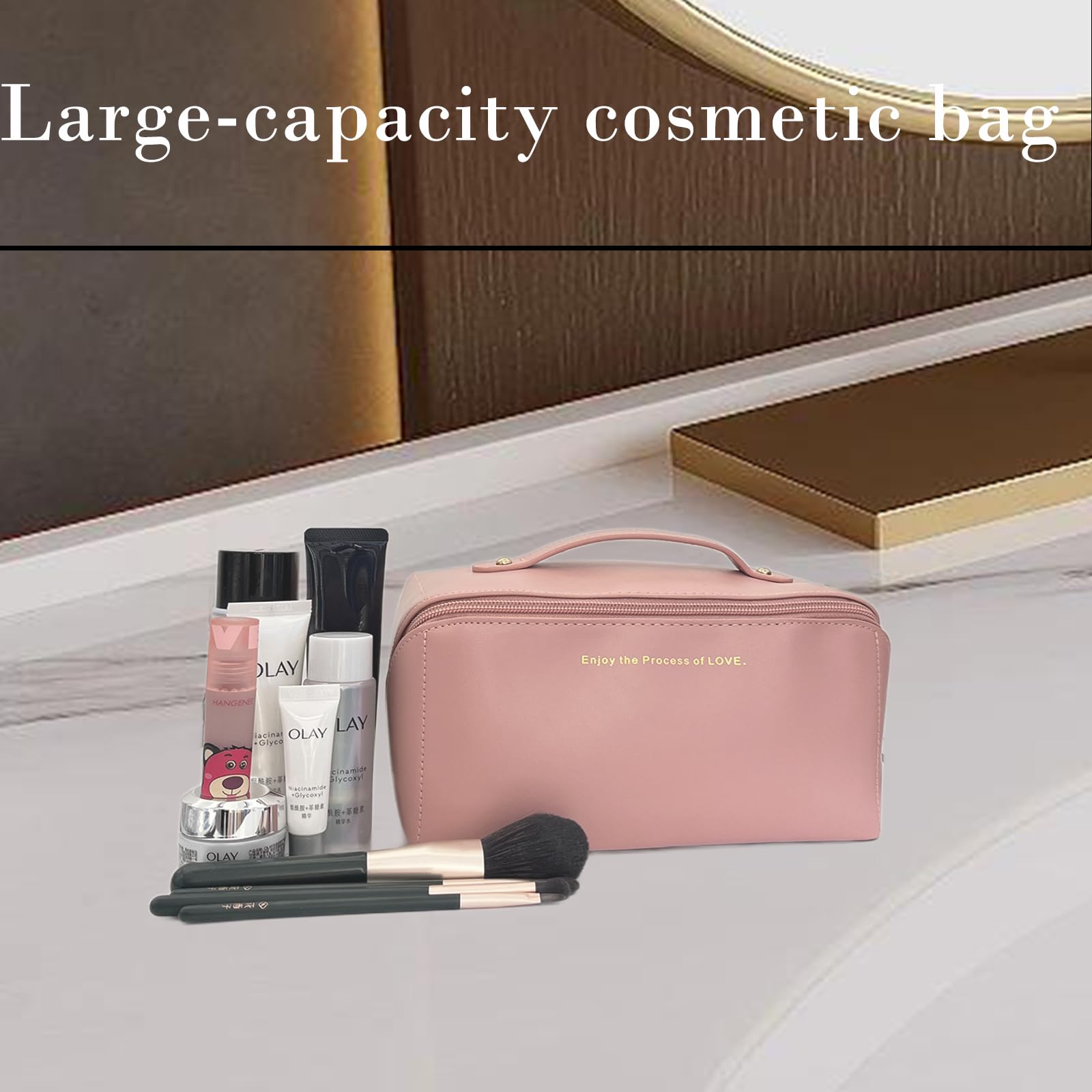 Large Travel Makeup Bag for Women - Waterproof Cosmetic Organizer with Divider | Perfect for Vacation & Gym (Pink)