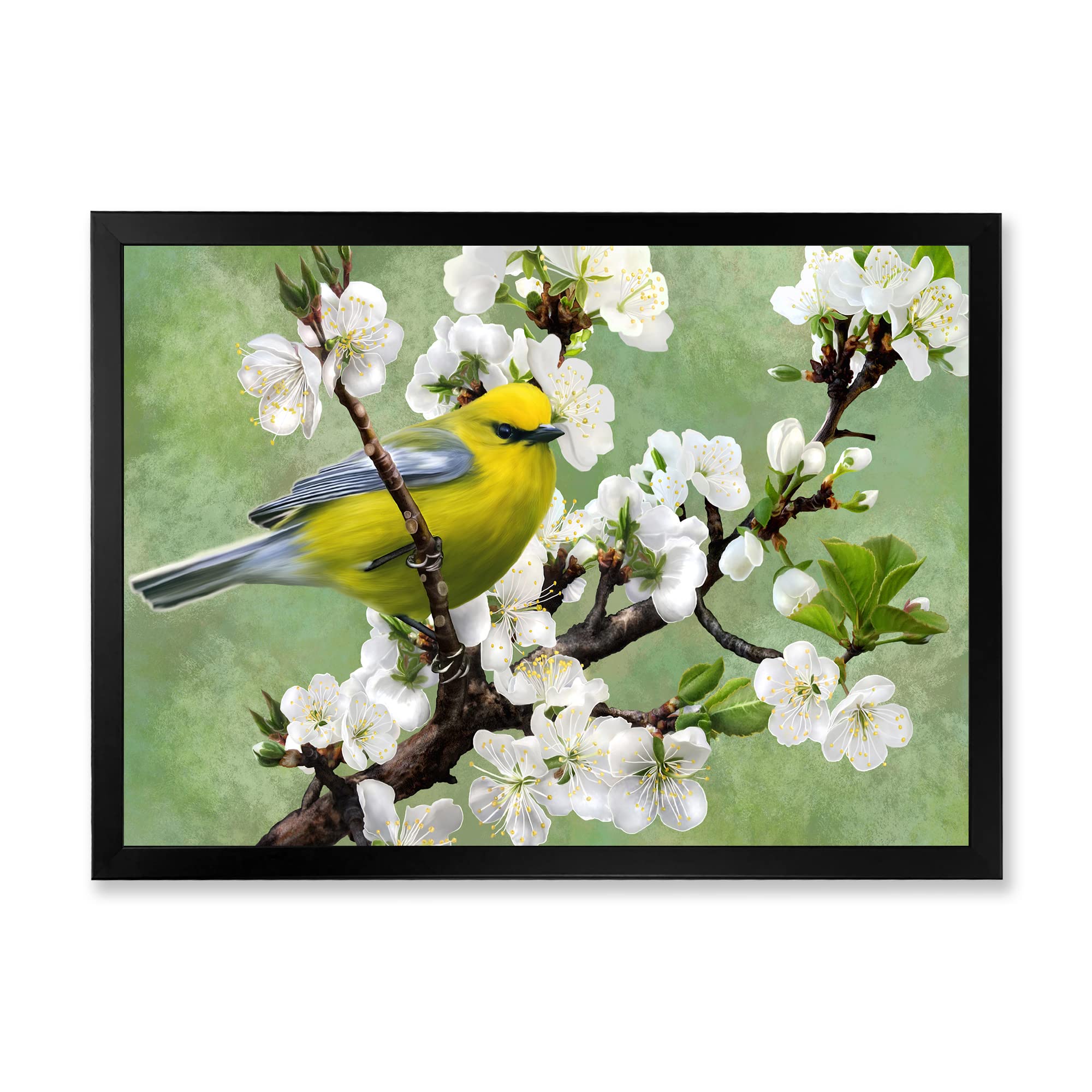 Bird on Cherry Branch Traditional Framed Wall Art - Vintage Home Decor for Living Room, Bedroom & Office