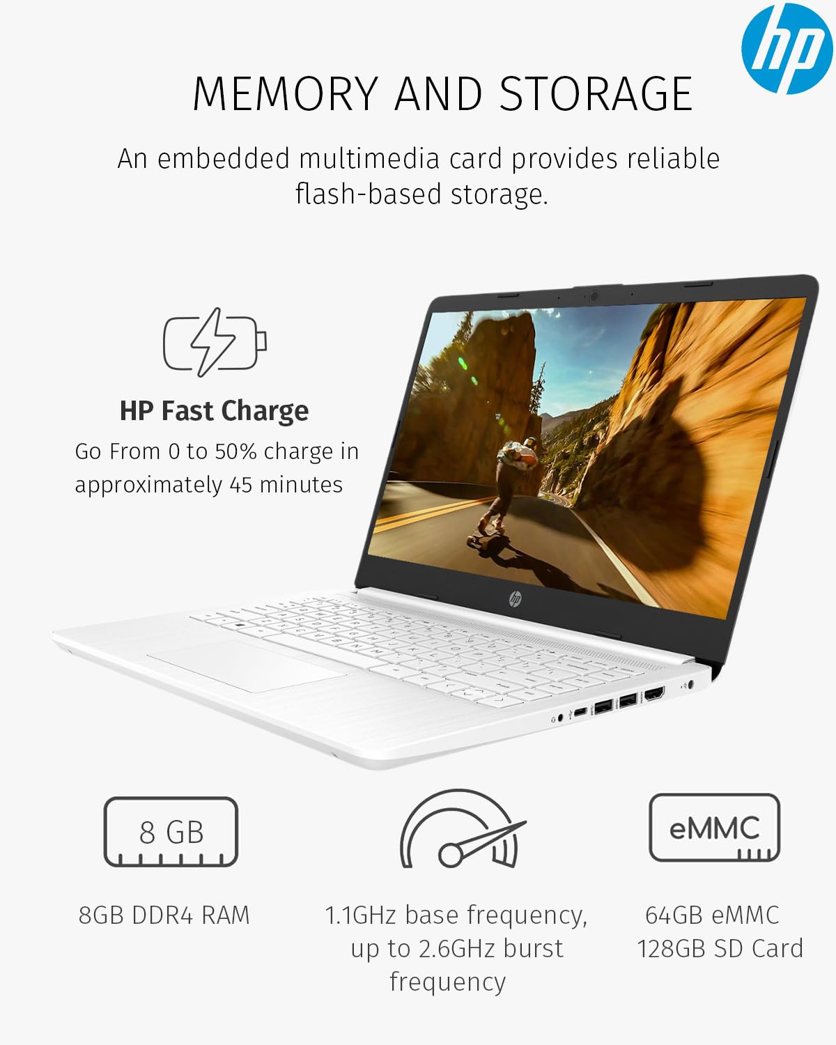 HP 14-inch Thin & Light Laptop for Students - Intel Processor, 8GB RAM, 64GB eMMC + 128GB SD Card, Windows 11, 1 Year Microsoft Office, Webcam, Long Battery Life (White) - Perfect for College, Online Classes & Remote Work