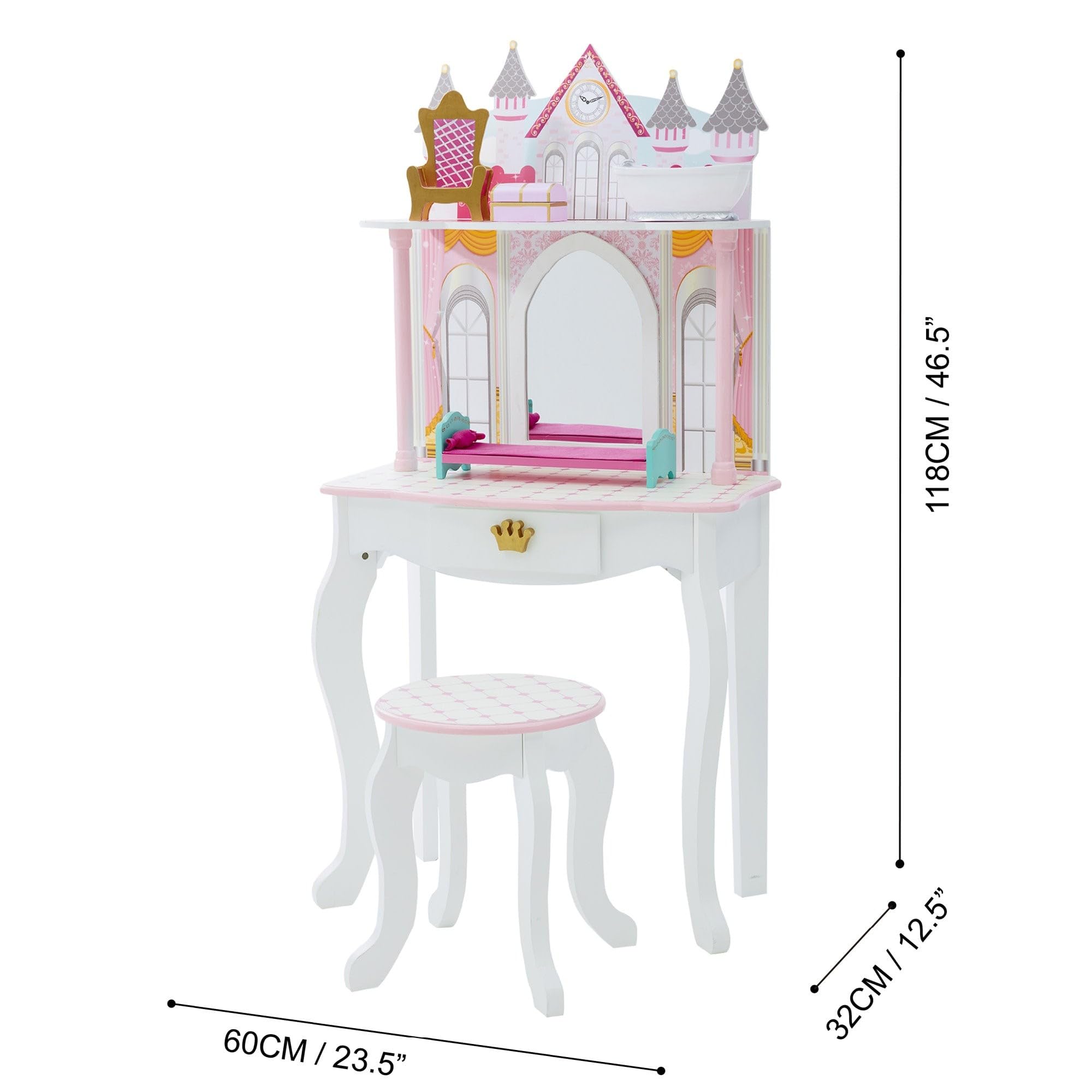 Teamson Kids Dreamland Princess Play Vanity Set with Mirror, Shelf, Storage Drawer & Stool - White & Pink Doll Furniture for 12