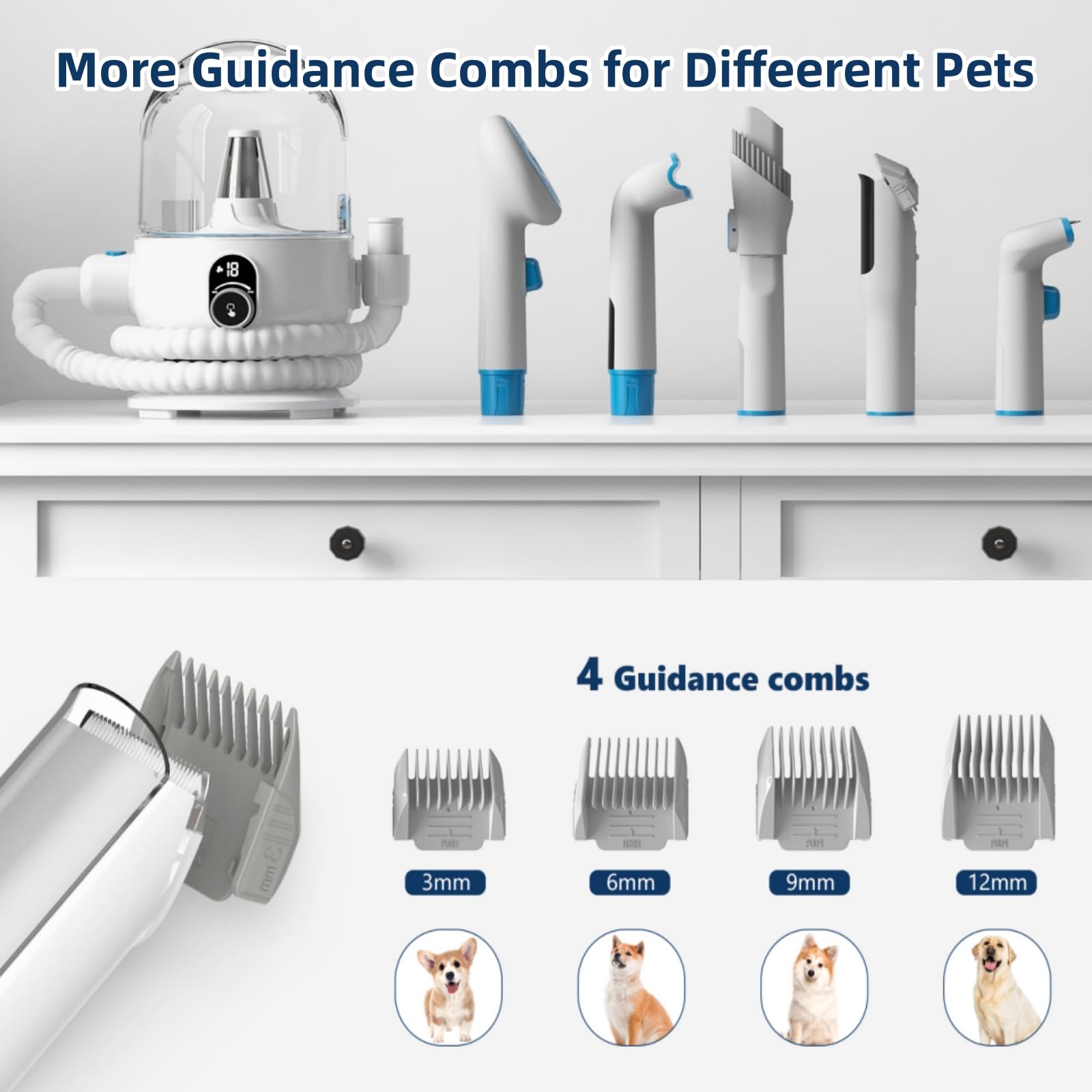 5-in-1 Pet Grooming Kit with Powerful 99% Hair Suction Vacuum - 1.5L Dust Cup Dog Brush & Low Noise Hair Remover - Includes 5 Professional Grooming Tools for Dogs & Cats - Perfect for Home Pet Care & Shedding Season Maintenance