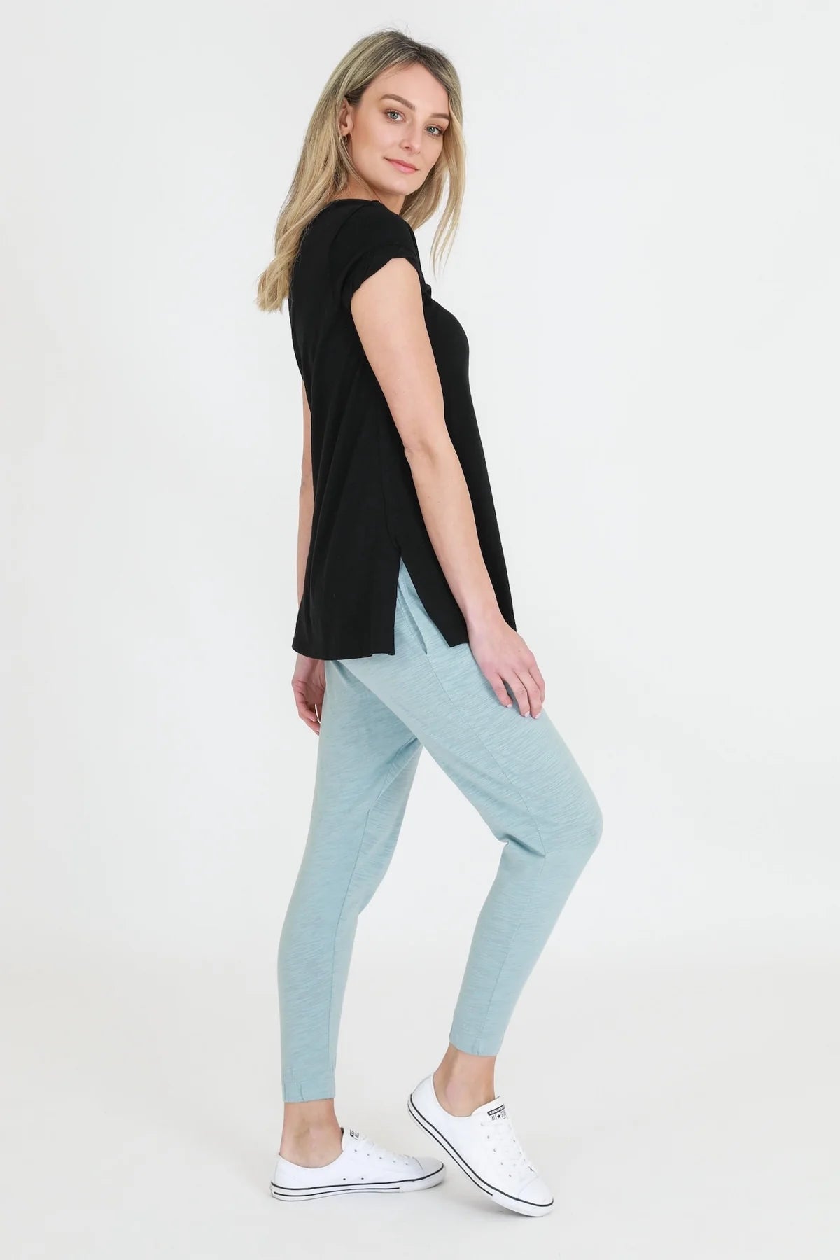 Kelly Rolled Sleeve Crew Neck T-Shirt for Women - Soft Cotton Casual Tee - Black - Perfect for Everyday Wear, Layering & Outfits
