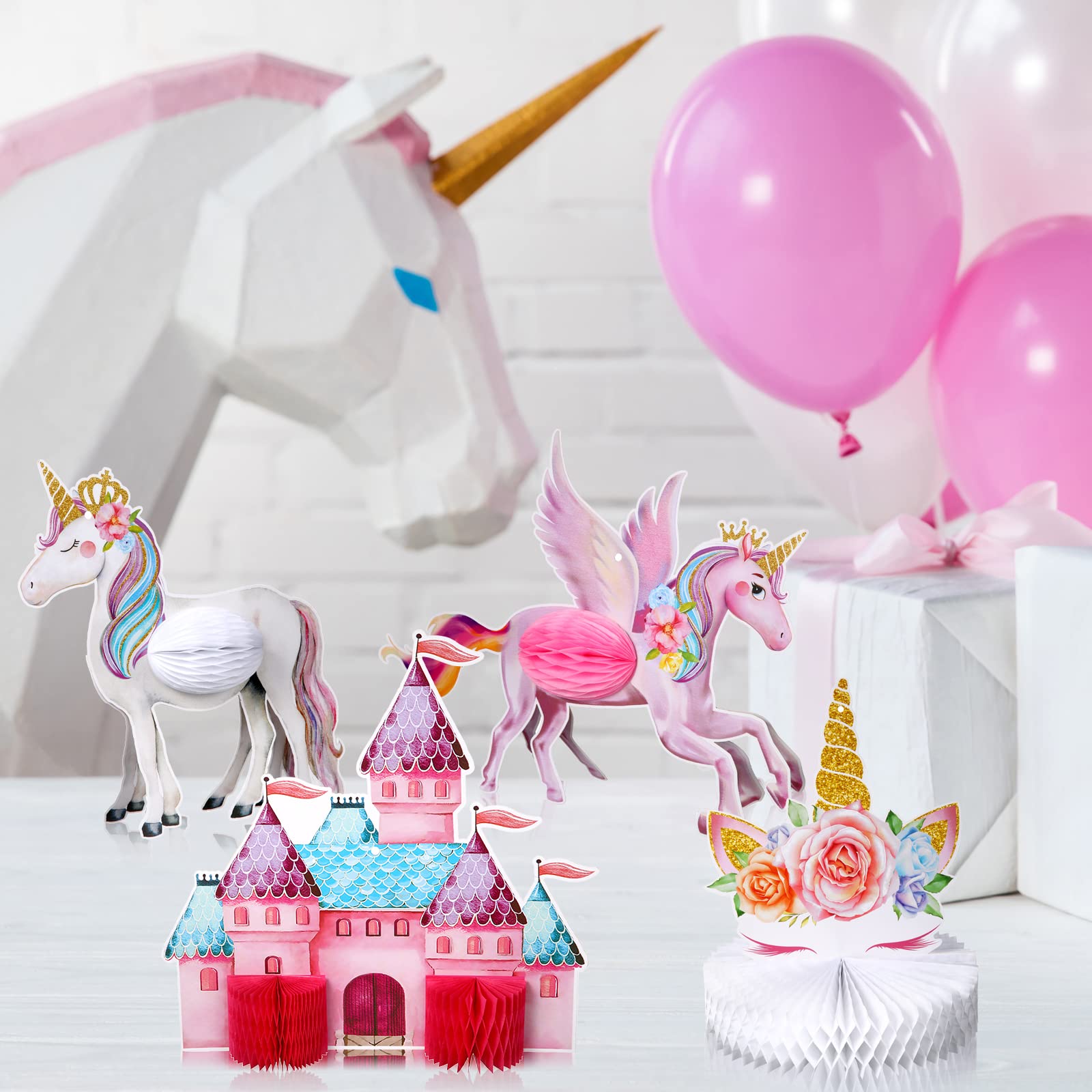 10 Pcs Unicorn Rainbow Honeycomb Centerpieces - Hanging Swirl Table Decorations for Girls Birthday Party, Baby Shower & Bridal Shower - Shiny Unicorn Toppers for Party Supplies & Home Decor