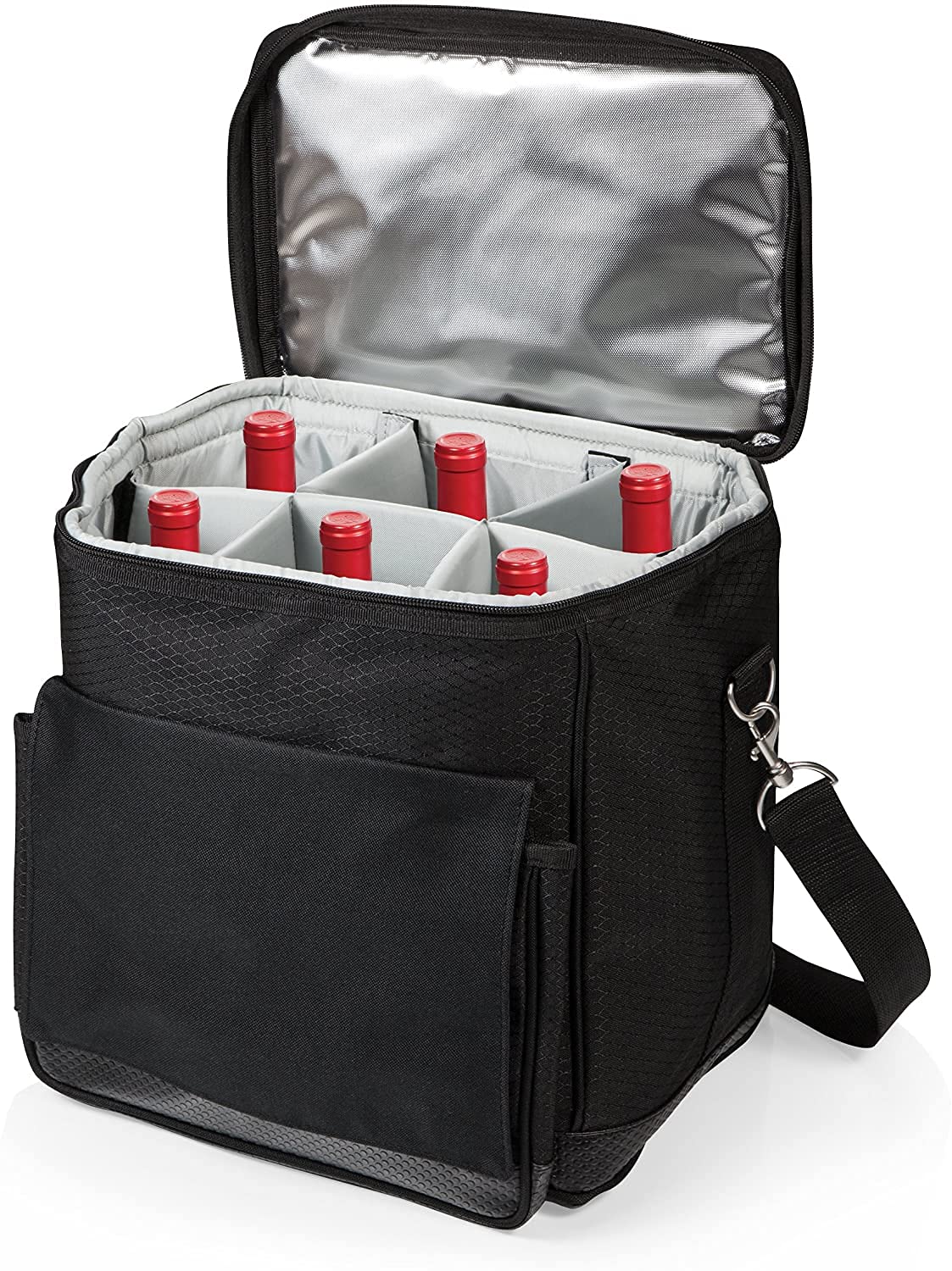 PICNIC TIME Cellar 6-Bottle Insulated Wine Carrier & Cooler Tote - Portable Water-Resistant Travel Cooler Bag for Picnics, Beach, Camping & Outdoor Events (Black with Gray Accents)