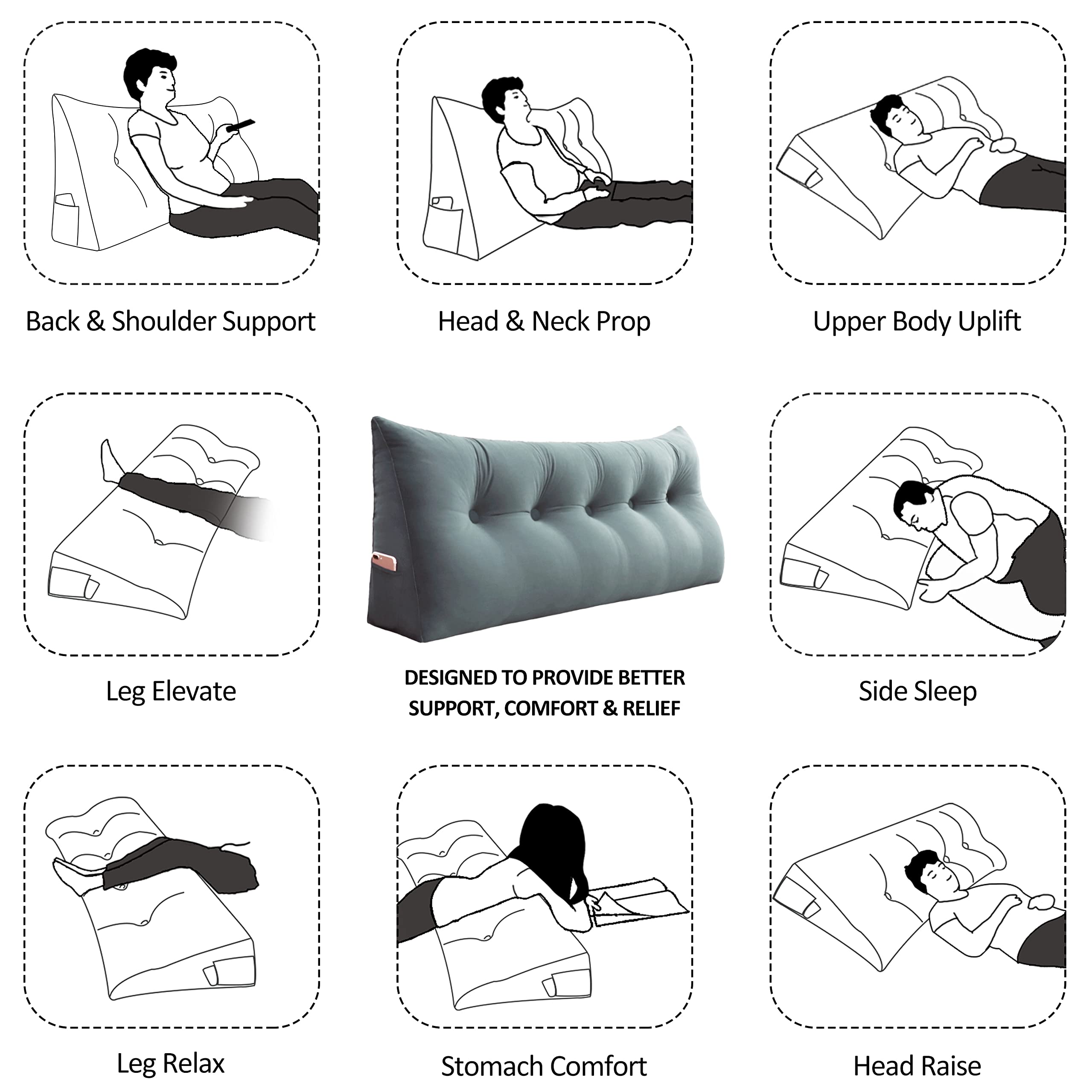 Bed Wedge Pillow for Sitting Up - Large Triangular Backrest Cushion for Daybed & Couch (Light Gray)