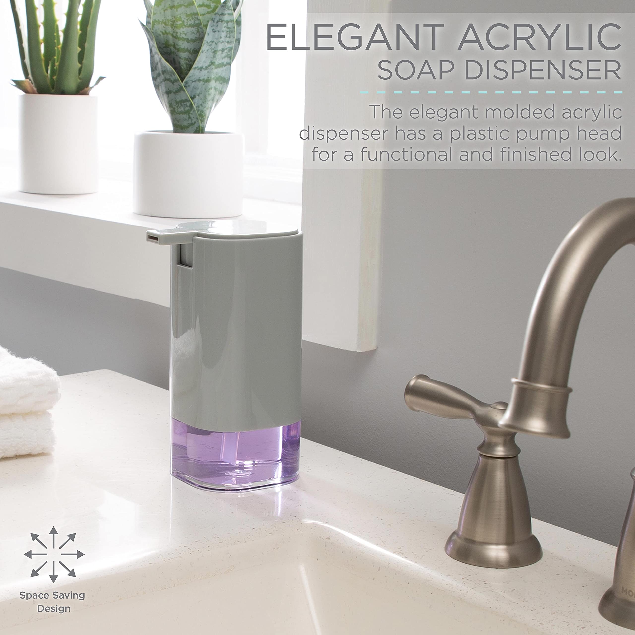 Premium Acrylic Soap Dispenser - 14 oz Capacity | Rust-Resistant Pump for Bathroom & Kitchen | Easy to Use for Soaps & Lotions | Modern Grey Design | Perfect for Sink Countertops, Guest Bathrooms & Spa-Style Decor