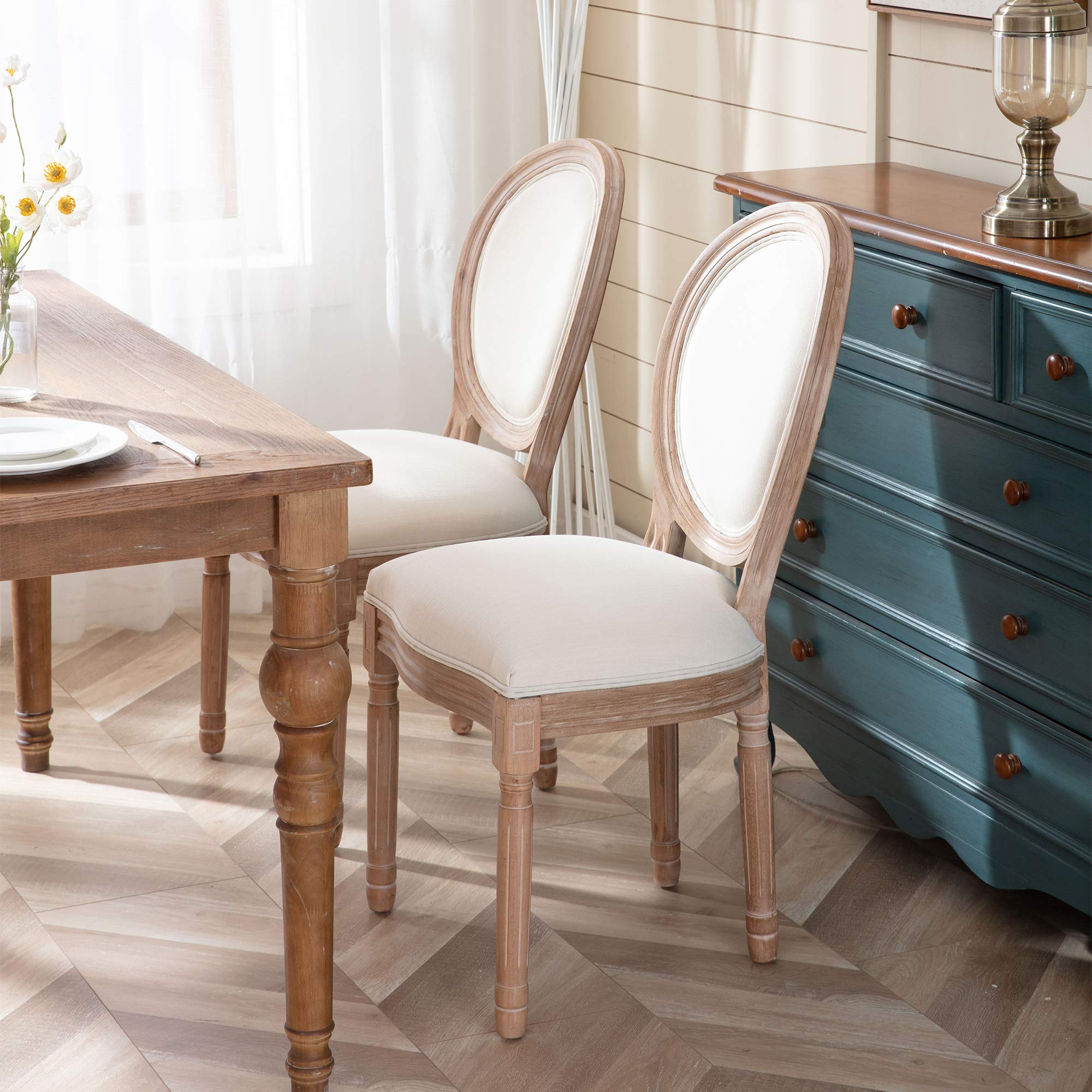 HomVent Set of 2 French Country Dining Chairs - Fabric & Cane Upholstered Farmhouse Kitchen Chairs with Carved Solid Wood Frame - Perfect for Home, Office, Restaurant & Cafe Dining (Style 2)