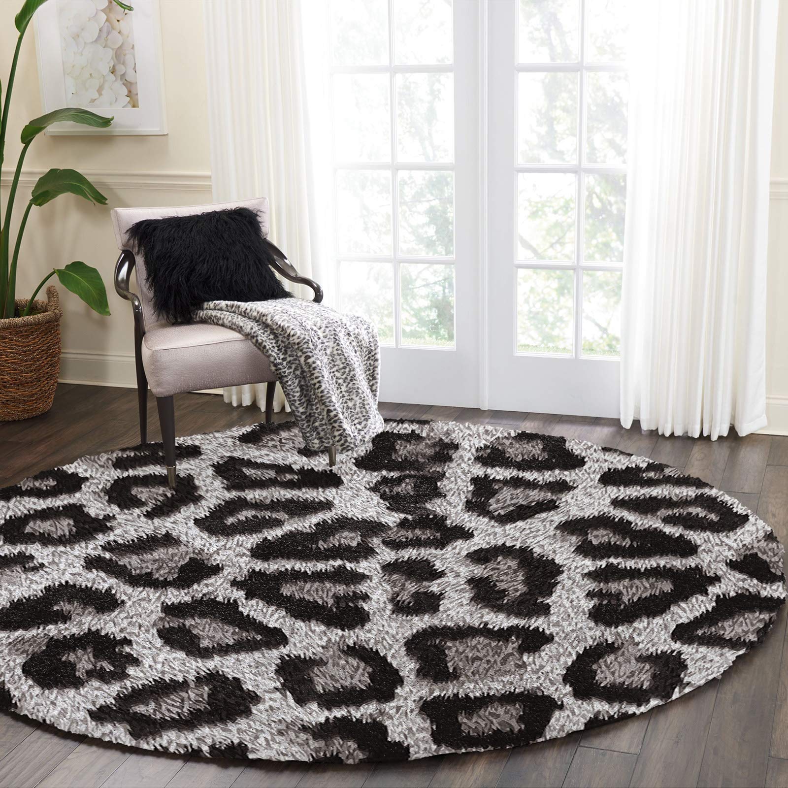 Fluffy Round Area Rug 3.3ft - Soft Leopard Print Cheetah Shaggy Carpet | Non-Slip Fuzzy Circular Floor Mat for Living Room, Bedroom, Nursery | Cozy Home Decor Accent for Kids Room, Dorm & Apartment