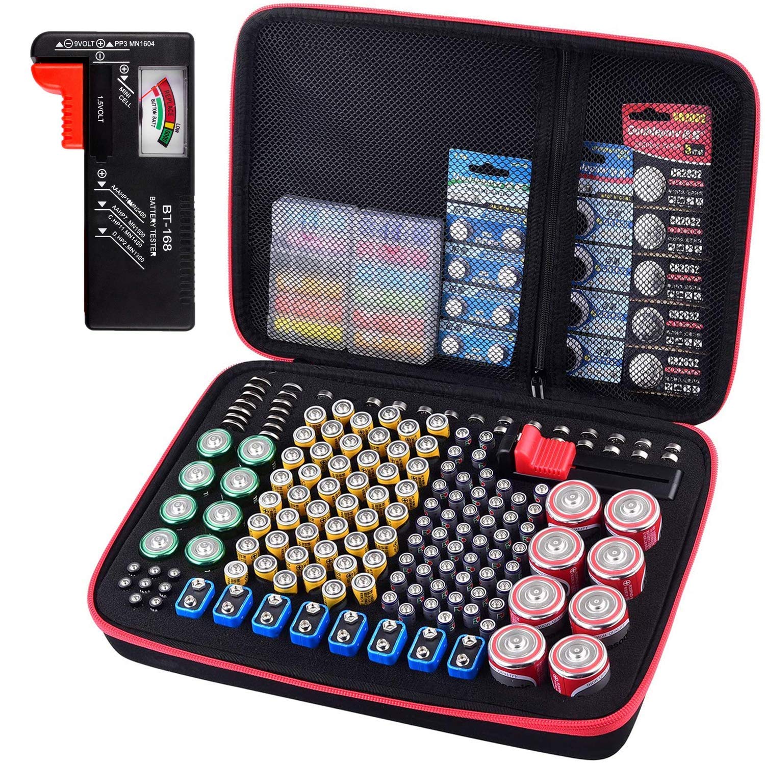 2-Pack Battery Organizer Storage Case with Built-in Tester - Holds 225 AA AAA C D 9V Batteries & 3V Lithium (CR2032, CR1632, CR2, LR44) - Perfect for Garage, Workshop & Home Organization