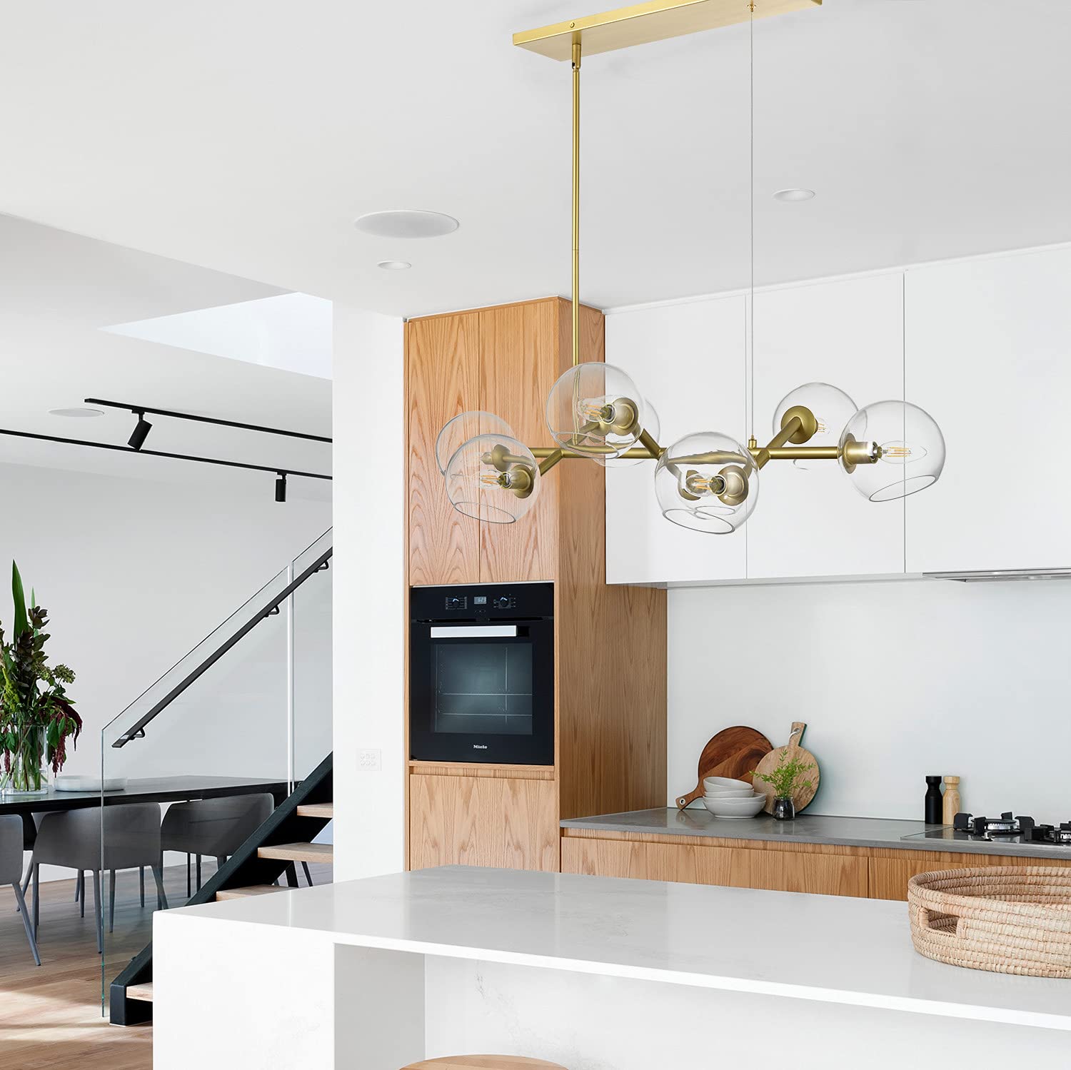 8-Light Gold Modern Rectangular Chandelier - Farmhouse Dining Room Light Fixture with Clear Glass Globes - UL Listed - Perfect for Kitchen Islands, Dining Tables & Open Concept Living Spaces
