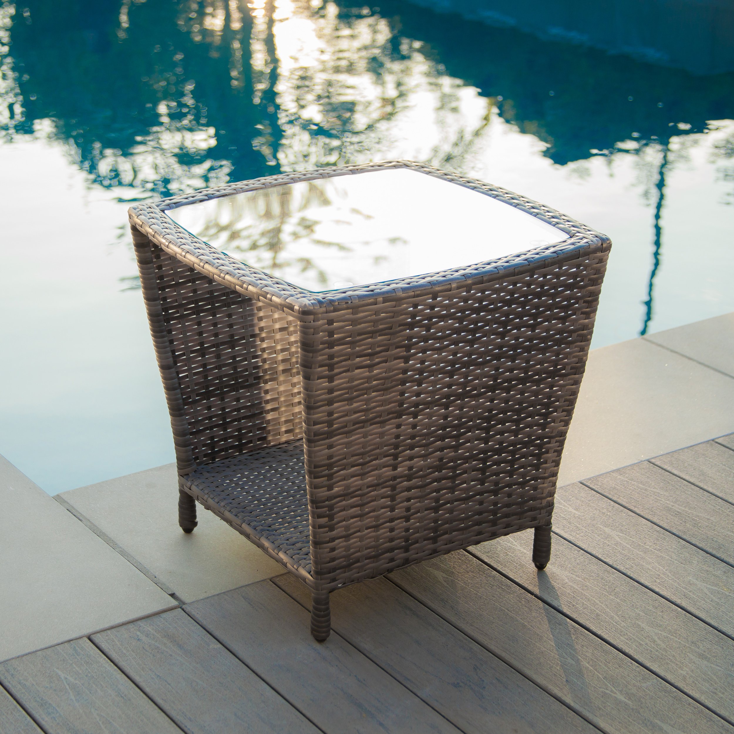 Christopher Knight Home Weston Outdoor Wicker Side Table with Glass Top, Grey - Patio Furniture for Poolside, Garden, and Deck Use