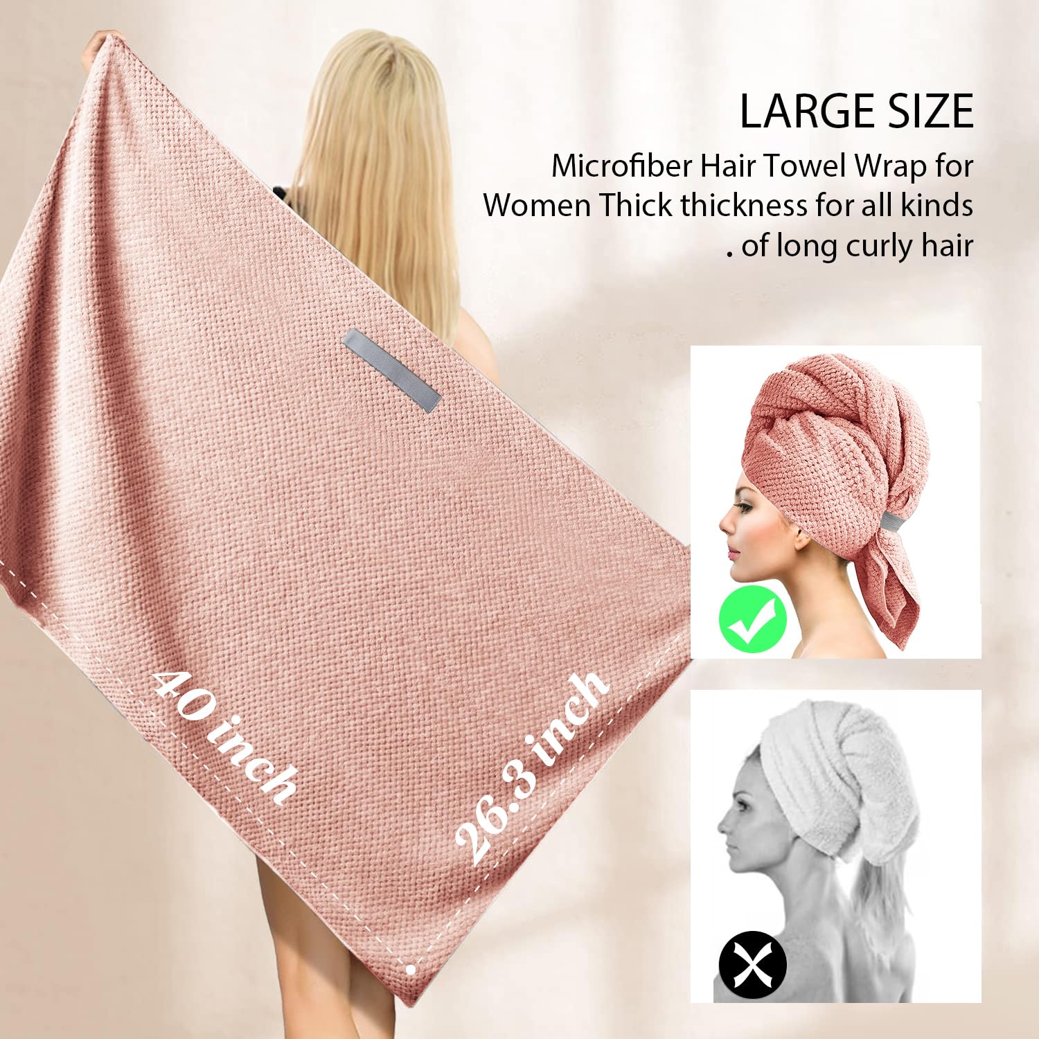 Extra Large Microfiber Hair Towel Wrap for Women - 40 x 26.3 Inches Super Absorbent Hair Drying Towel for Long Thick & Curly Hair - Soft Hair Turban with Elastic Band (Pink) | Perfect for Post-Shower, Salon & Travel Use