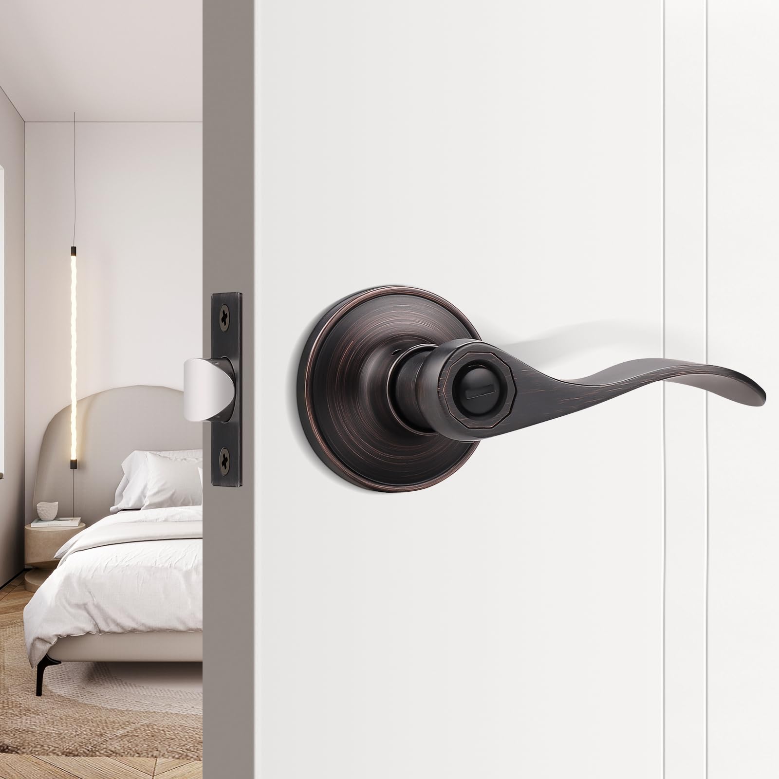 6 Pack Privacy Door Lever with Thumb Turn Lock - Keyless Oil Rubbed Bronze Wave Door Handle Set for Bedroom & Bathroom Doors (Reversible Right/Left Handed) - Perfect for Home Privacy, Interior Doors & Rental Properties