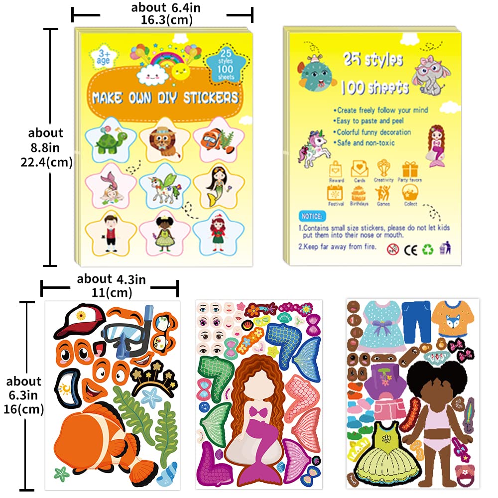 100 Sheets DIY Stickers for Kids - 25 Fun Designs Including Animals, Mermaids, Princess & Prince | Perfect for Arts & Crafts, School Projects, Party Favors & Holiday Rewards | Creative Gift for Children's Activities & Classroom Fun