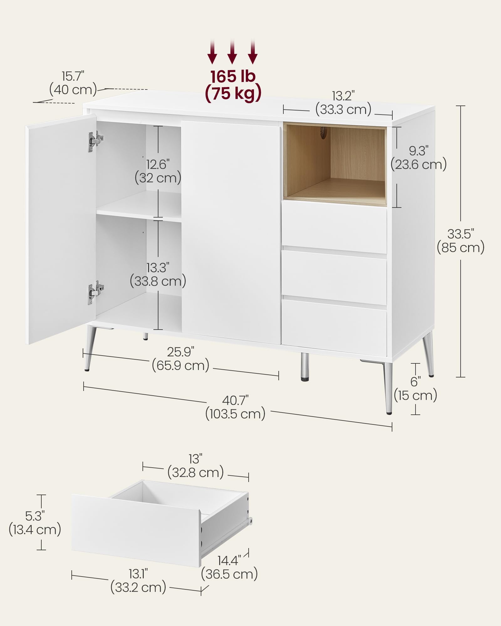 VASAGLE Modern Sideboard Buffet Cabinet with 3 Drawers, Adjustable Shelves & Open Storage - 40.7