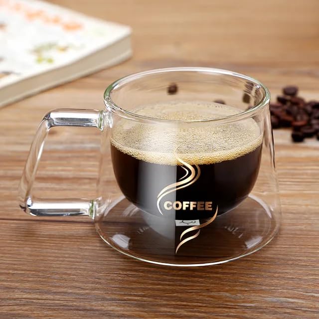 PrimeWorld 2-Pack 250ml Double Wall Insulated Coffee Mugs with Handle - Clear Glass Cups for Hot & Cold Drinks - Dishwasher Safe - Perfect for Coffee, Tea, Latte, Espresso, Juice & Iced Beverages at Home, Office or Cafe