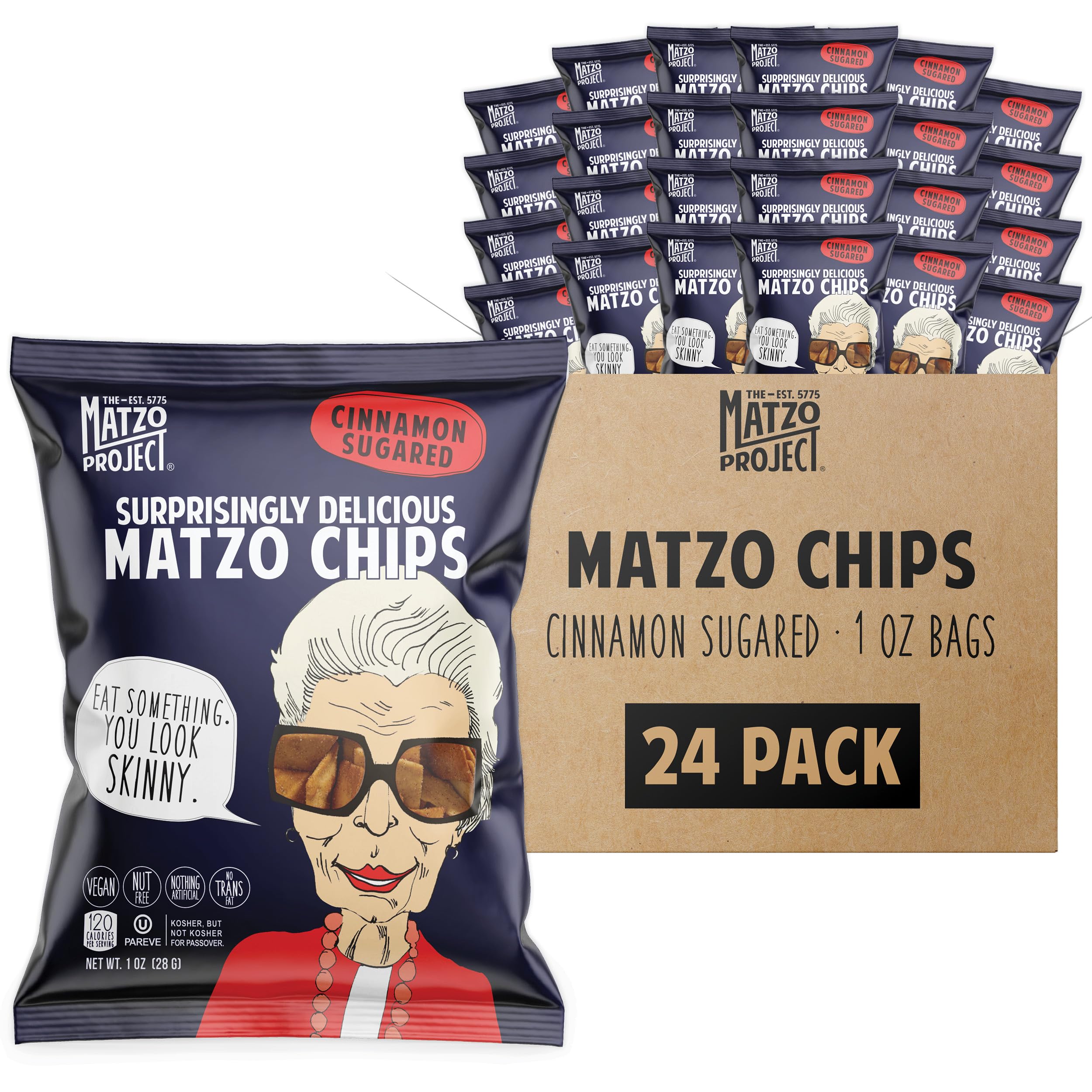 The Matzo Project Crispy Matzo Chips - Cinnamon Sugar Flavor (24-Pack) | Vegan, Nut-Free, Kosher Snacks | Individually Wrapped 1 oz Bags | Perfect for School Lunches, Office Snacks & On-the-Go Treats