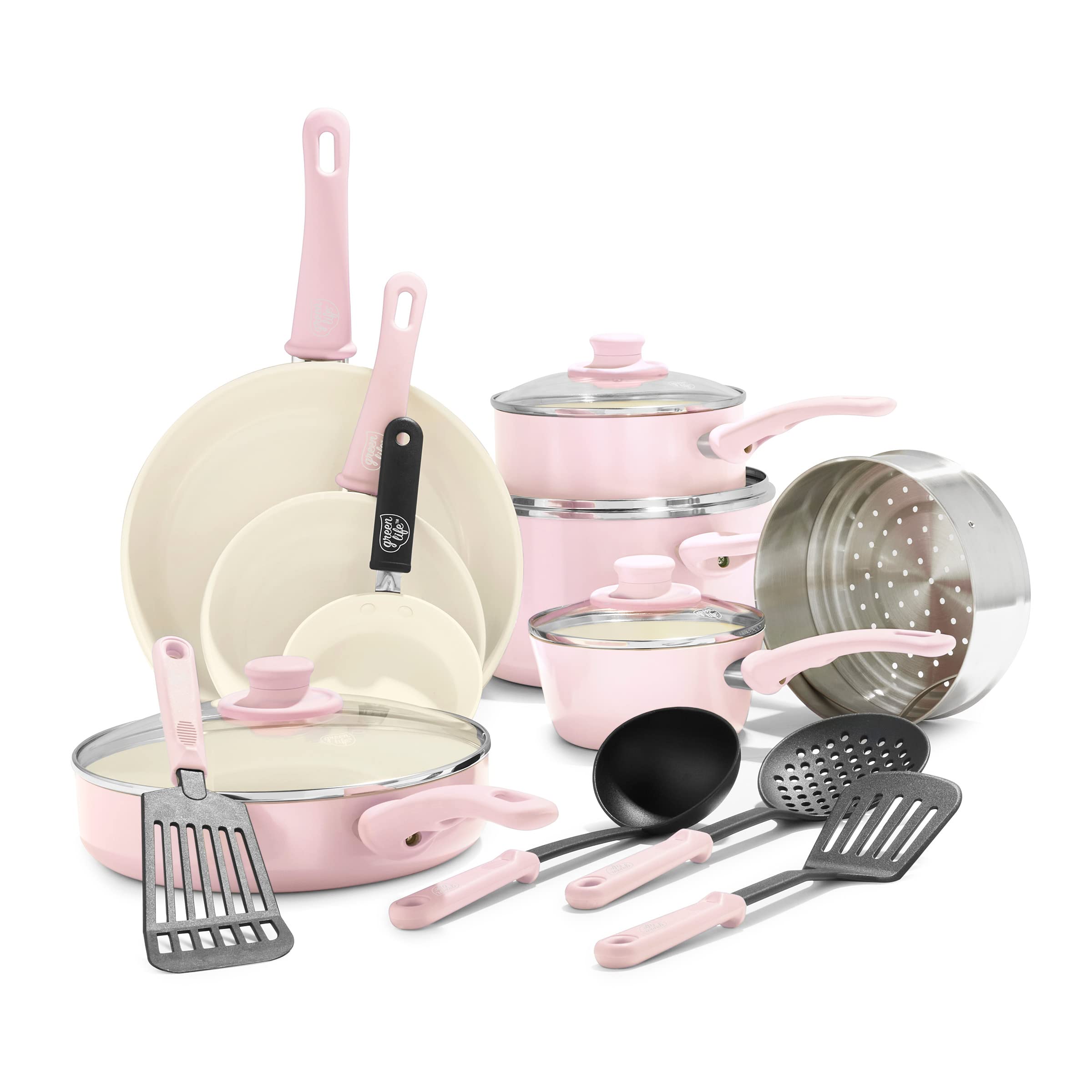 GreenLife Soft Grip 16-Piece Non-Toxic Ceramic Nonstick Cookware Set - PFAS-Free, Oven & Dishwasher Safe Pots and Pans with Glass Lids & Stay-Cool Handles - Perfect for Frying, Sauteing, and Cooking Family Meals - Ideal for Home Chefs and Everyday Kitchen Use