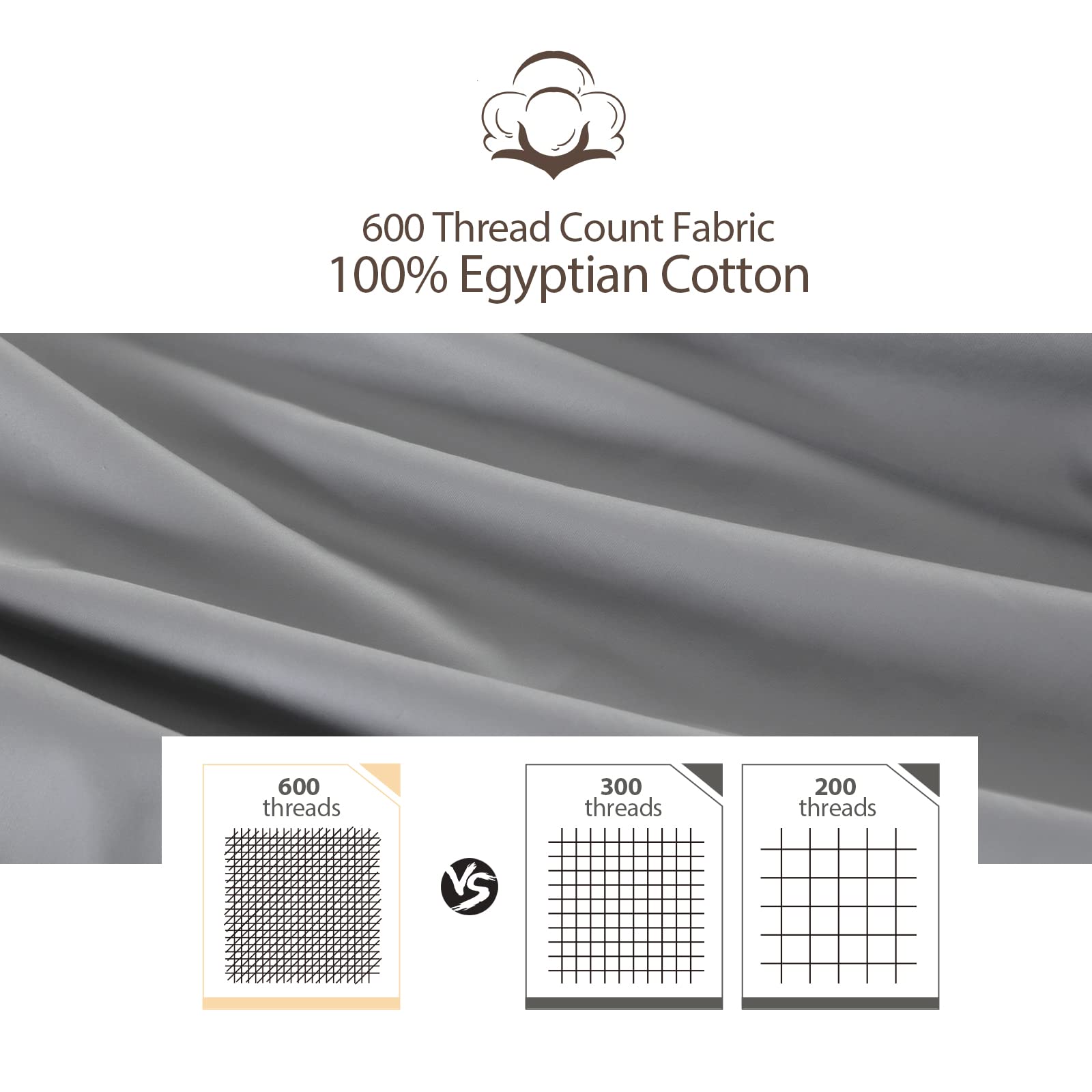 Premium 100% Egyptian Cotton Fitted Sheet - Queen Size Gray 600 Thread Count, Deep Pocket (8-16